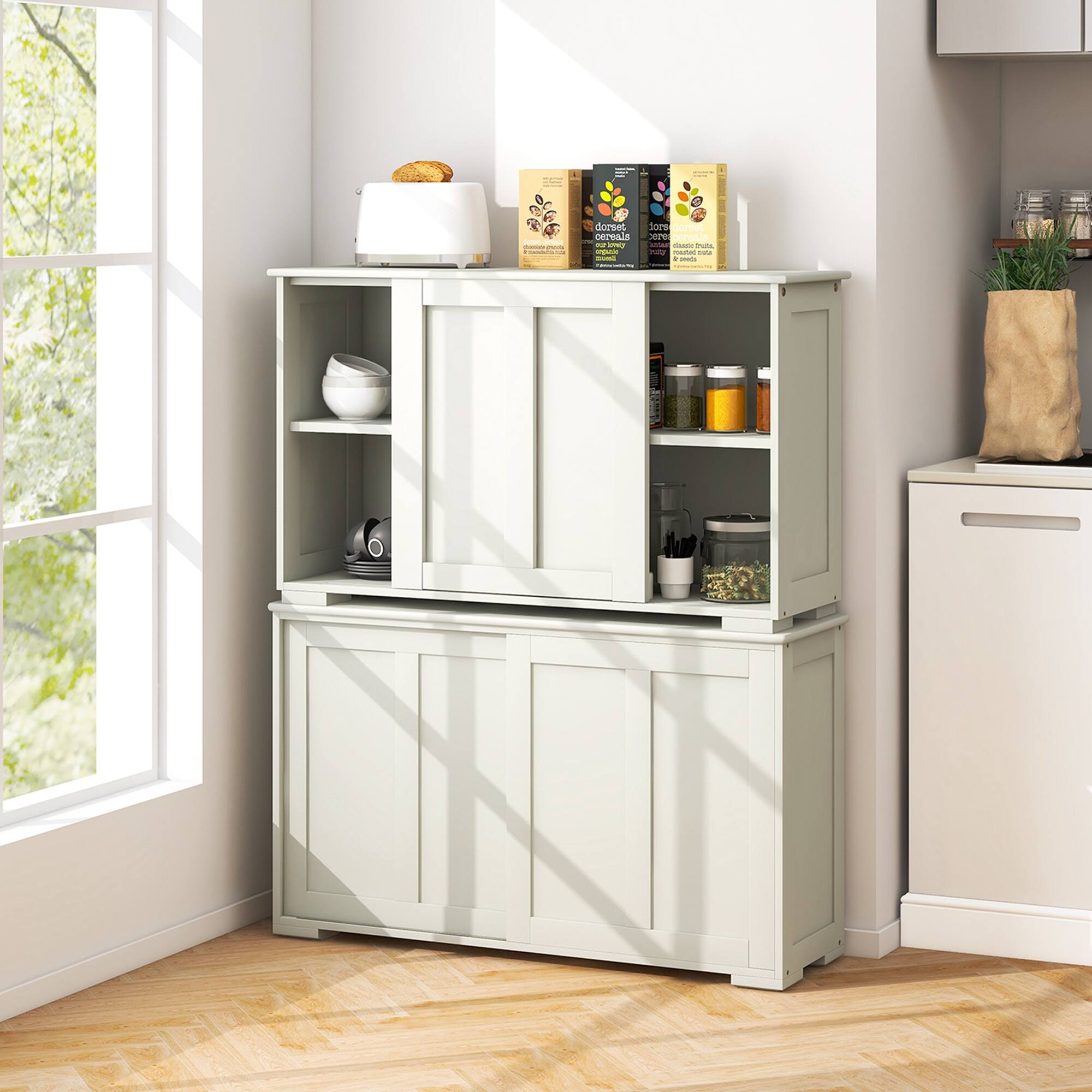 The text on the image is: 

- dorset cereals
- jars of spices
- jars of oils
- jars of herbs