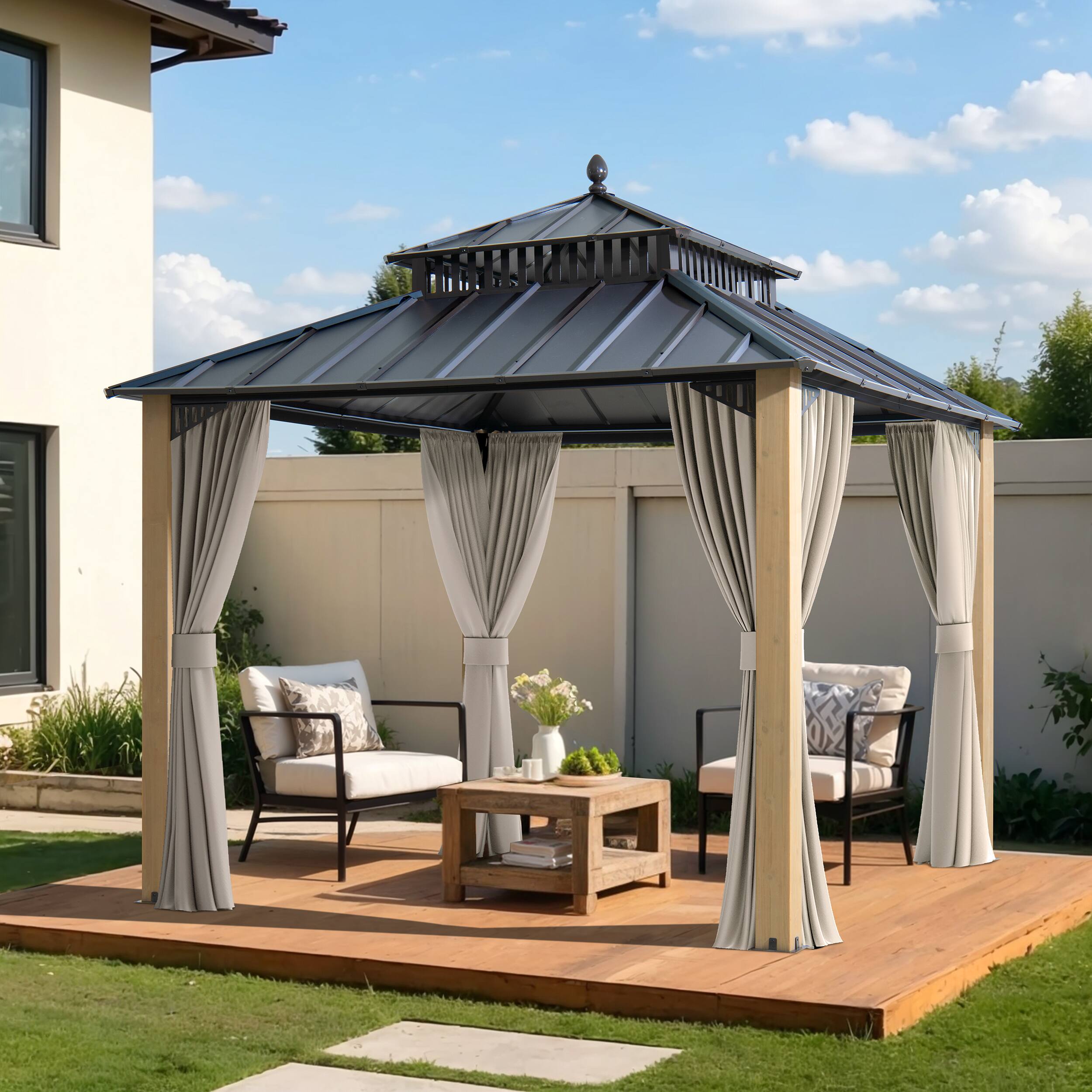 Front. SUNJOY - SUNJOY Kingston 10x10 Gazebo with Metal Roof , Curtain, and Netting - Cedar Posts - Black.