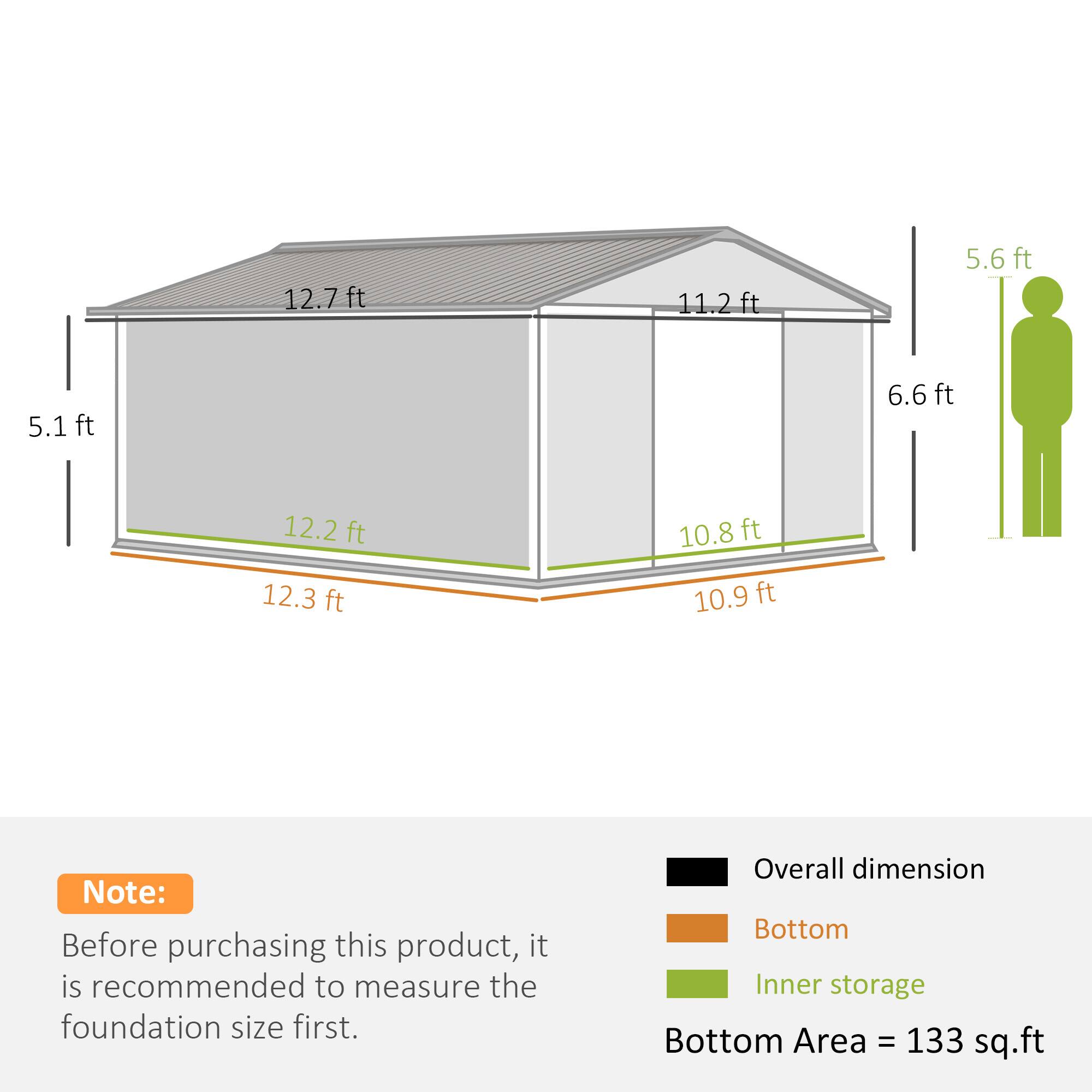 12.7ft, 11.2ft, 5.6ft, 5.1ft, 6.6ft, 12.2ft, 12.3ft, 10.8ft, 10.9ft, Note: Before purchasing this product, it is recommended to measure the foundation size first. Overall dimension Bottom Inner storage Bottom Area = 133 sq.ft