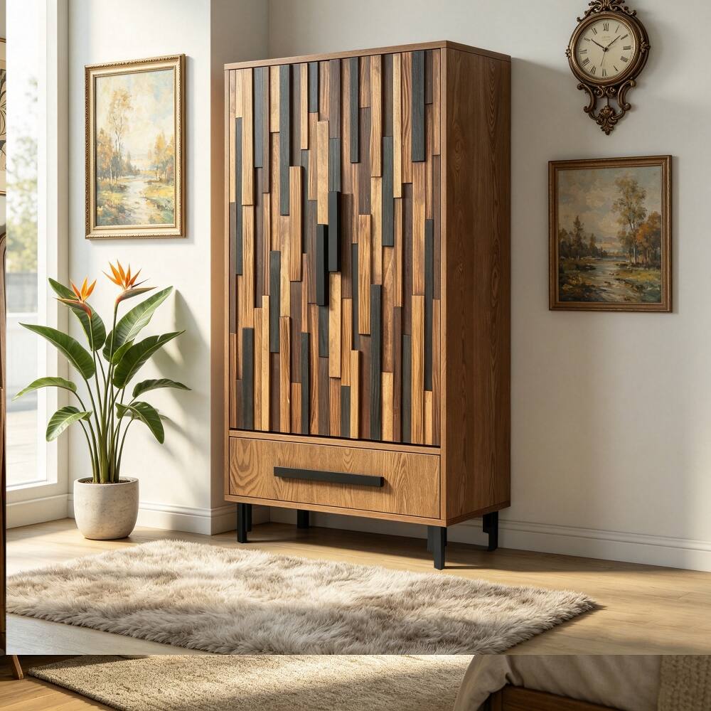 Back. Loheer - Loheer Tall Storage Cabinet with Drawer Wood Accent Sideboard for Living Room Hallway Freestanding Two Door Furniture - Ash Wood Grain.