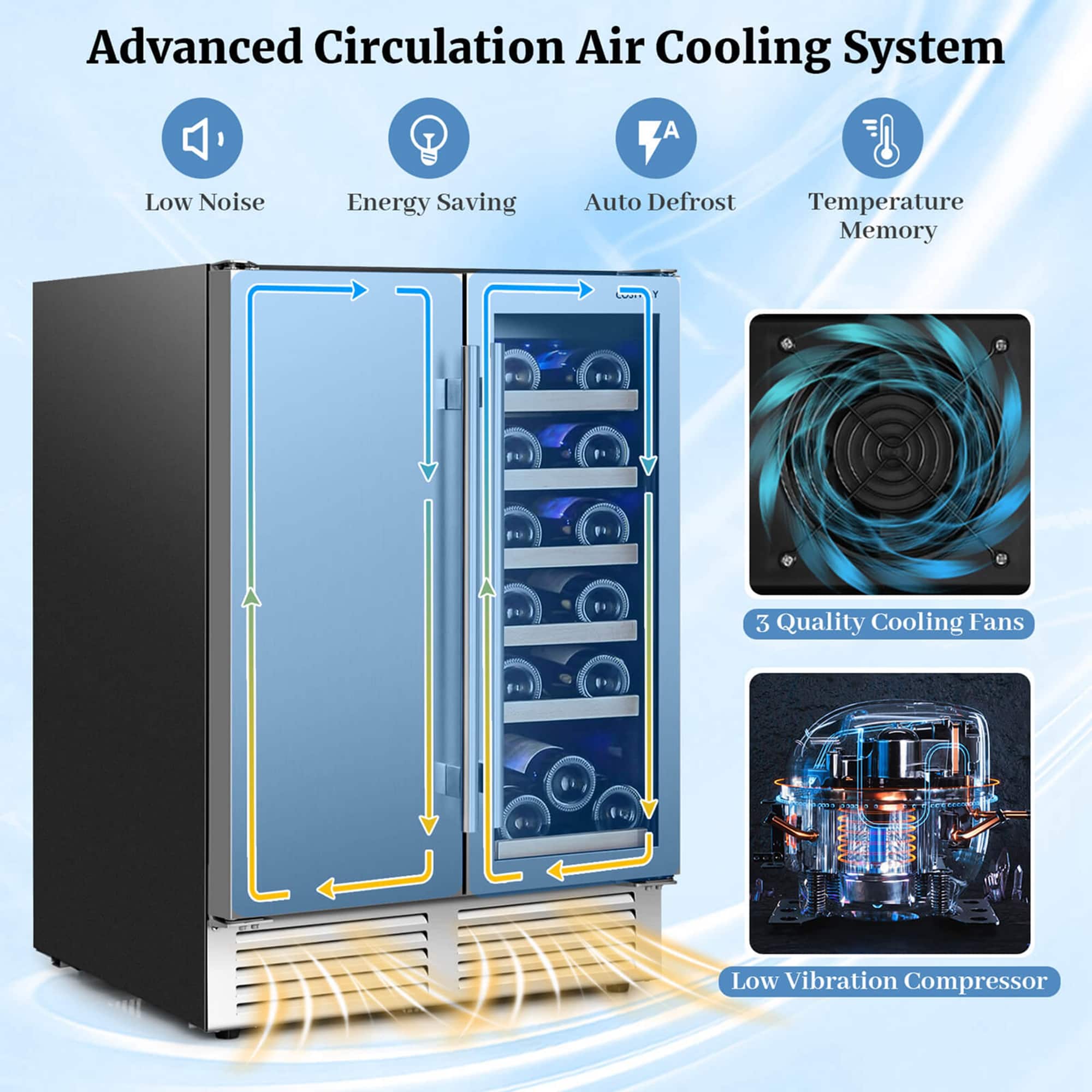 Advanced Circulation Air Cooling System: Low Noise, Energy Saving, Auto Defrost, Temperature Memory, 3 Quality Cooling Fans, Low Vibration Compressor