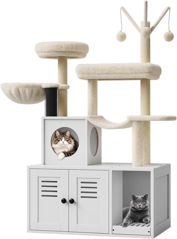 GARVEE - 57.5" Cat Tree w/Litter Box Enclosure, Condo & Hammock - Modern 2-in-1 Tower w/Scratching Post, Perch & Storage - White