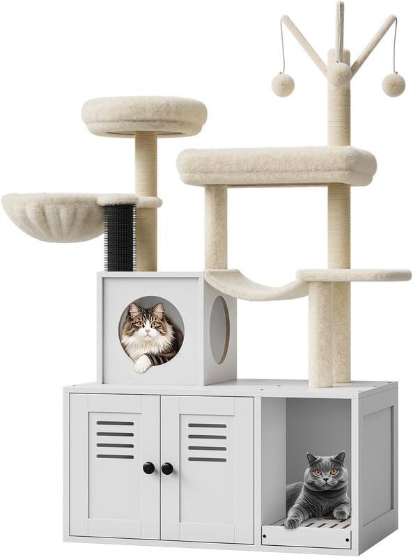 Front. GARVEE - 57.5" Cat Tree w/Litter Box Enclosure, Condo & Hammock - Modern 2-in-1 Tower w/Scratching Post, Perch & Storage - White.