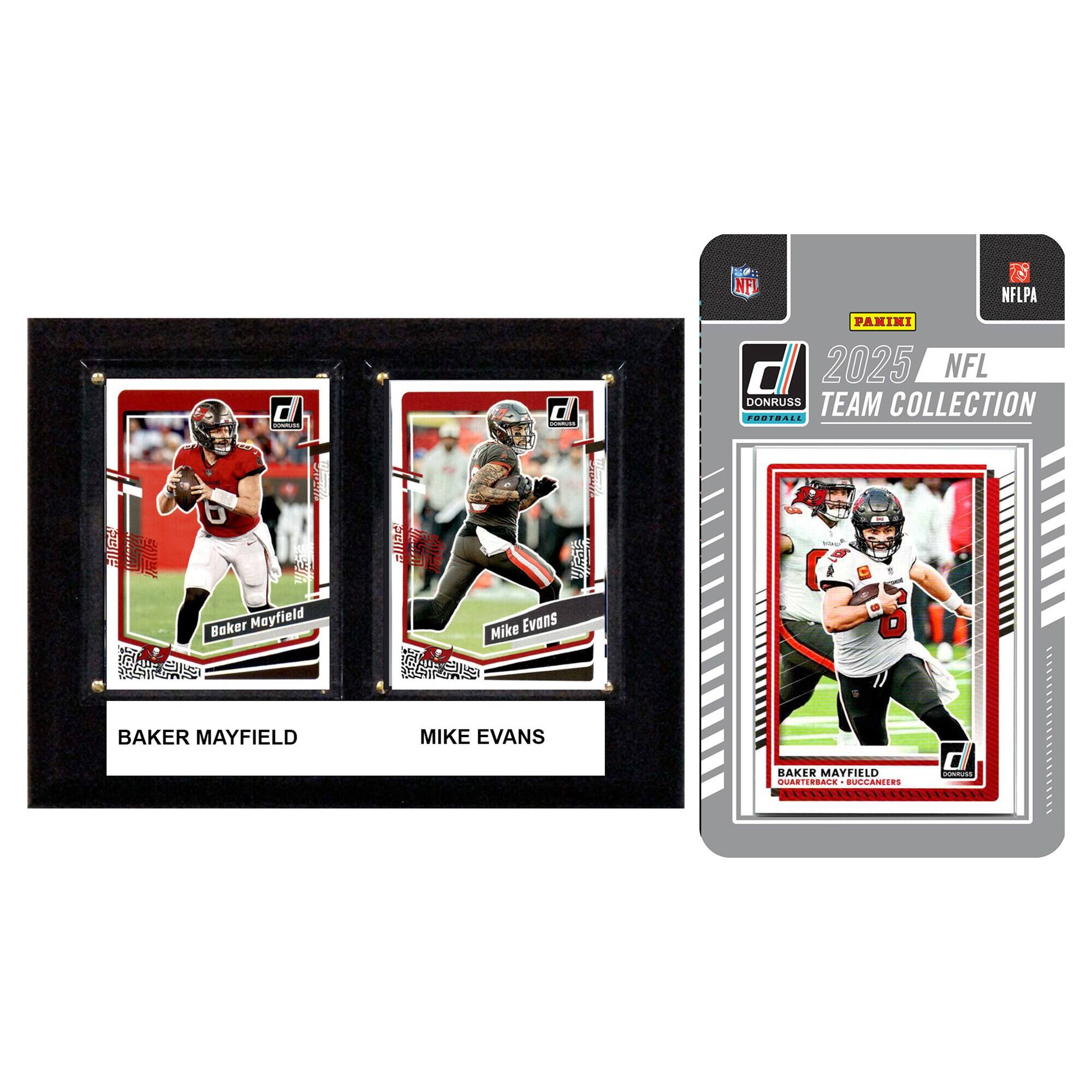 Sure, here is the corrected and grouped text from the image:

---

**Panini 2025 NFL Donruss Team Collection**

**Baker Mayfield**  
Quarterback  
Cleveland Browns

**Mike Evans**  
Wide Receiver  
Tampa Bay Buccaneers

---

**Panini 2025 NFL Donruss Team Collection**

**Baker Mayfield**  
Quarterback  
Cleveland Browns

**Mike Evans**  
Wide Receiver  
Tampa Bay Buccaneers

---