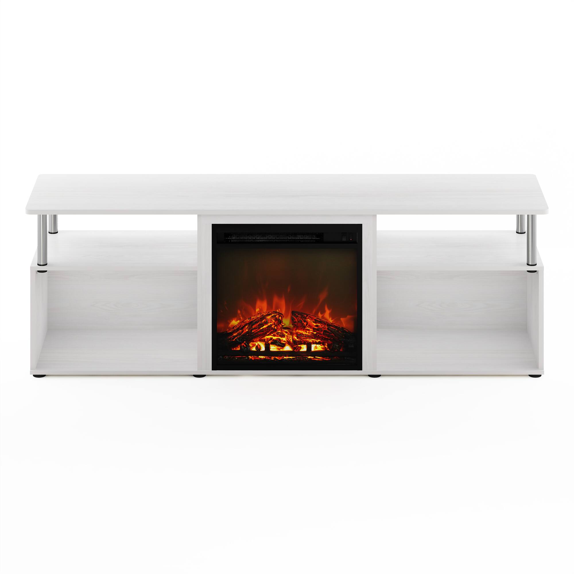 Alt View 2. Furinno - Jensen Open Storage Fireplace Entertainment Center for TV up to 70 Inch with Stainless Steel Tubes, Stainless Steel - White Oak/Stainless Steel.