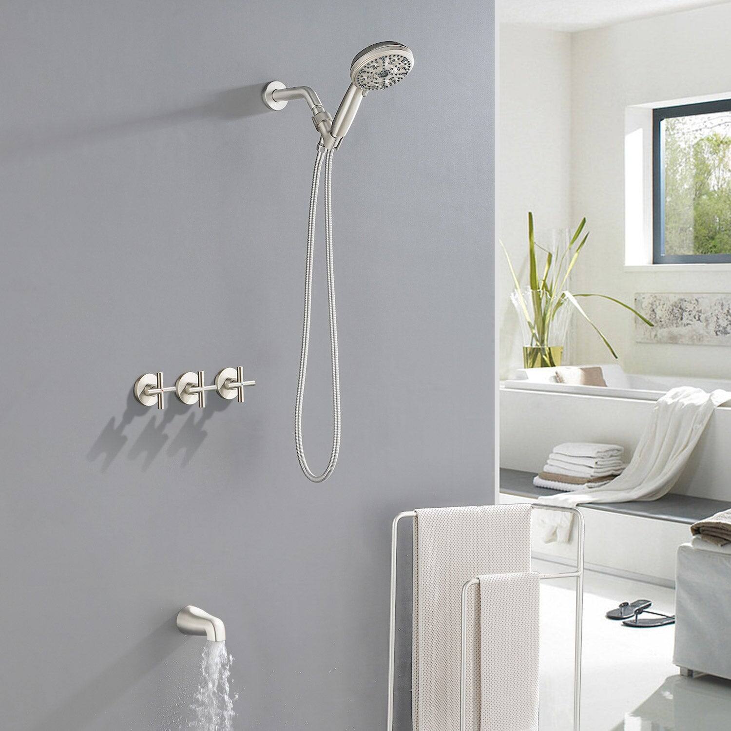 Alt View 4. Boyel Living - Brushed Nickel Shower Set with 10 Function ABS Handheld Shower Three Handle Control and High Flow Tub Spout - Brushed Nickel.