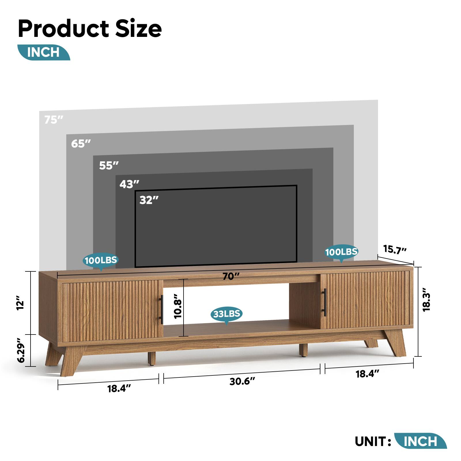 Product Size  
INCH  

75"  
65"  
55"  
43"  
32"  
12"  
6.29"  
100LBS  
18.4"  
10.8"  
70"  
33LBS  
30.6"  
100LBS  
15.7"  
18.3"  

UNIT: INCH