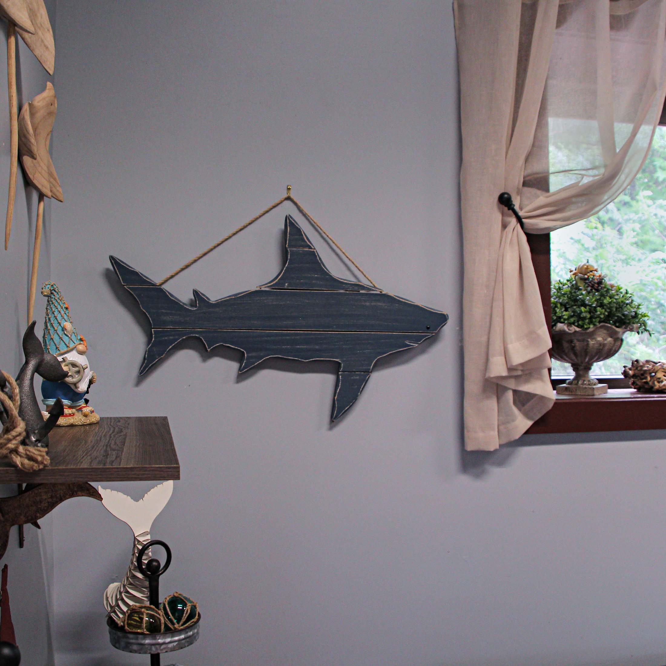 Alt View 4. Zeckos - 31 Inch Blue Wood Carved Shark Wall Decor Plaque Hanging Nautical Art Coastal - Blue.