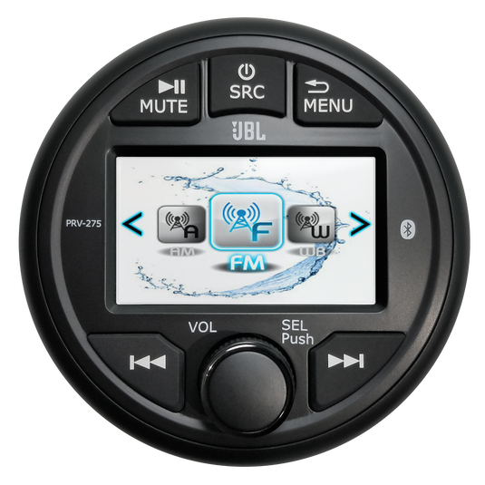 Sure, here is the corrected and grouped text from the image:
- **Top Row:**
- MUTE
- SRC
- MENU
- **Screen:**
- PRV-275
- AM
- FM
- 108.5
- **Bottom Row:**
- VOL
- SEL Push
- (Left and Right Arrow Buttons)
- **Additional:**
- JBL (Brand Logo)