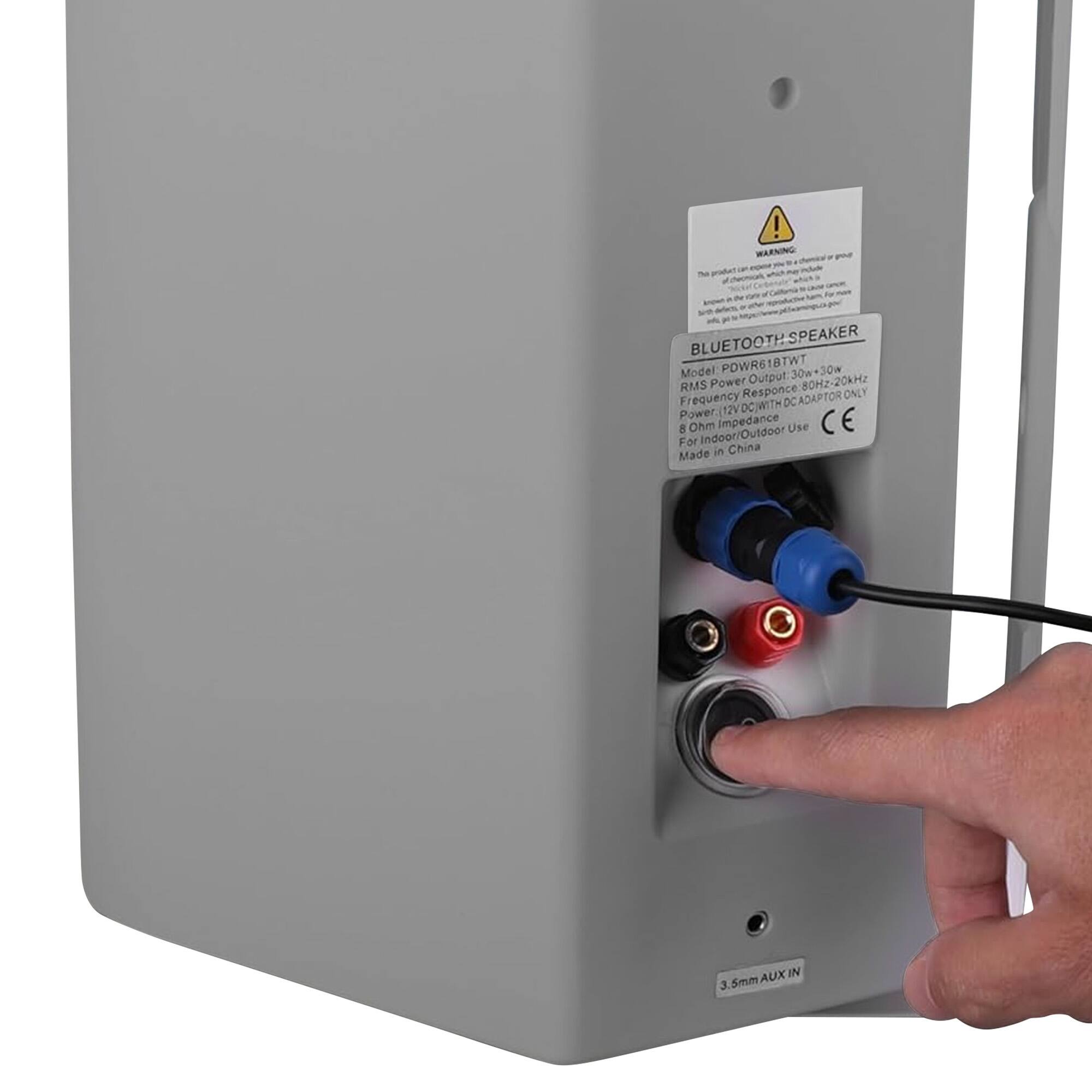 **WARNING**

**BLUETOOTH SPEAKER**

- Model: PDWR618TWT
- RMS Power Output: 30W + 30W
- Frequency Response: 80Hz-20kHz
- Power: 12V DC Adaptor Only
- Impedance: 8 Ohm
- Indoor/Outdoor Use
- Made in China

**AUX IN: 3.5mm**