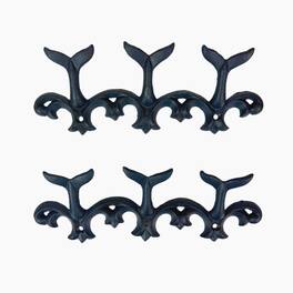 Things2Die4 - Set of 2 Whale Tail Wall Hooks Cast Iron Coastal Triple Hook 10.5 In - Blue