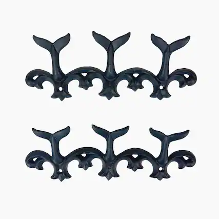 Front. Things2Die4 - Set of 2 Whale Tail Wall Hooks Cast Iron Blue Coastal Triple Hook 10.5 In - Blue.