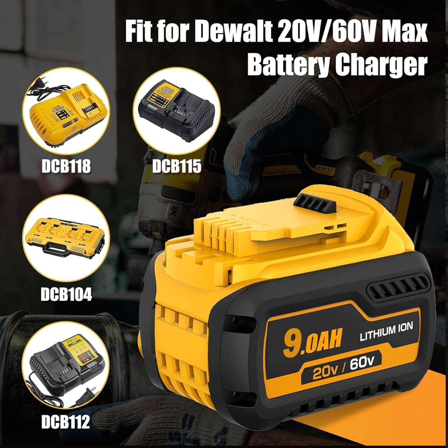 Fit for Dewalt 20V/60V Max Battery Charger  
DCB118  
DCB115  
DCB104  
DCB112  
9.0AH LITHIUM ION  
20v / 60v