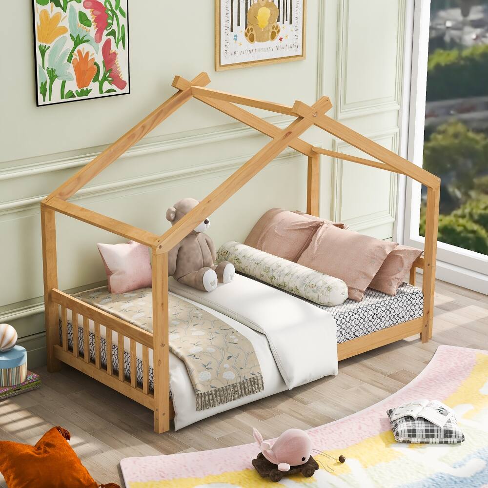 Loheer - Twin House Bed Kids Roof Bed Frame Wood - Natural price history on PriceWatchPro