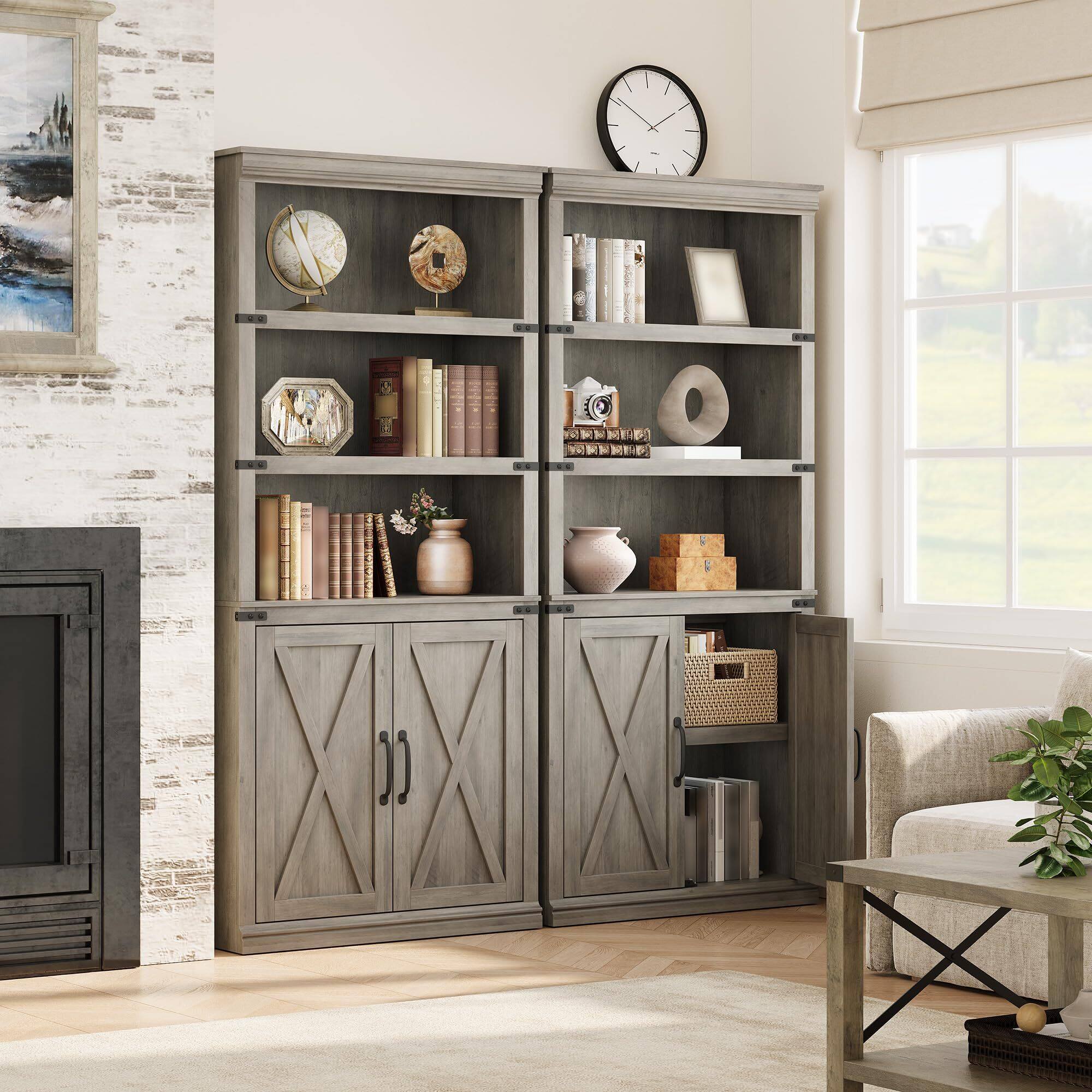 The text in the image is not clearly visible, but based on the context, it appears to be a product description or advertisement for a bookshelf. Here is a possible grouping and correction of the text:

---

**Product Description:**

- **DREMIE I ENE 5**

**Features:**
- **Material:** Solid wood construction
- **Design:** Modern farmhouse style with X-shaped doors
- **Shelves:** Multiple shelves for books, decor, and storage
- **Storage:** Cabinet doors with X-shaped design for additional storage
- **Decorative Items:** Includes a clock, globe, books, and decorative objects

**Dimensions:**
- **Height:** 72 inches
- **Width:** 60 inches
- **Depth:** 16 inches

**Color:**
- **Finish:** Grey

**Additional Information:**
- **Assembly Required:** Yes
- **Warranty:** 1-year limited warranty

**Shipping:**
- **Free Shipping:** Available within the continental U.S.

**Returns:**
- **Return Policy:** 30-day return policy

---

This is a hypothetical grouping and correction based on common product descriptions for bookshelves. The actual text may vary.