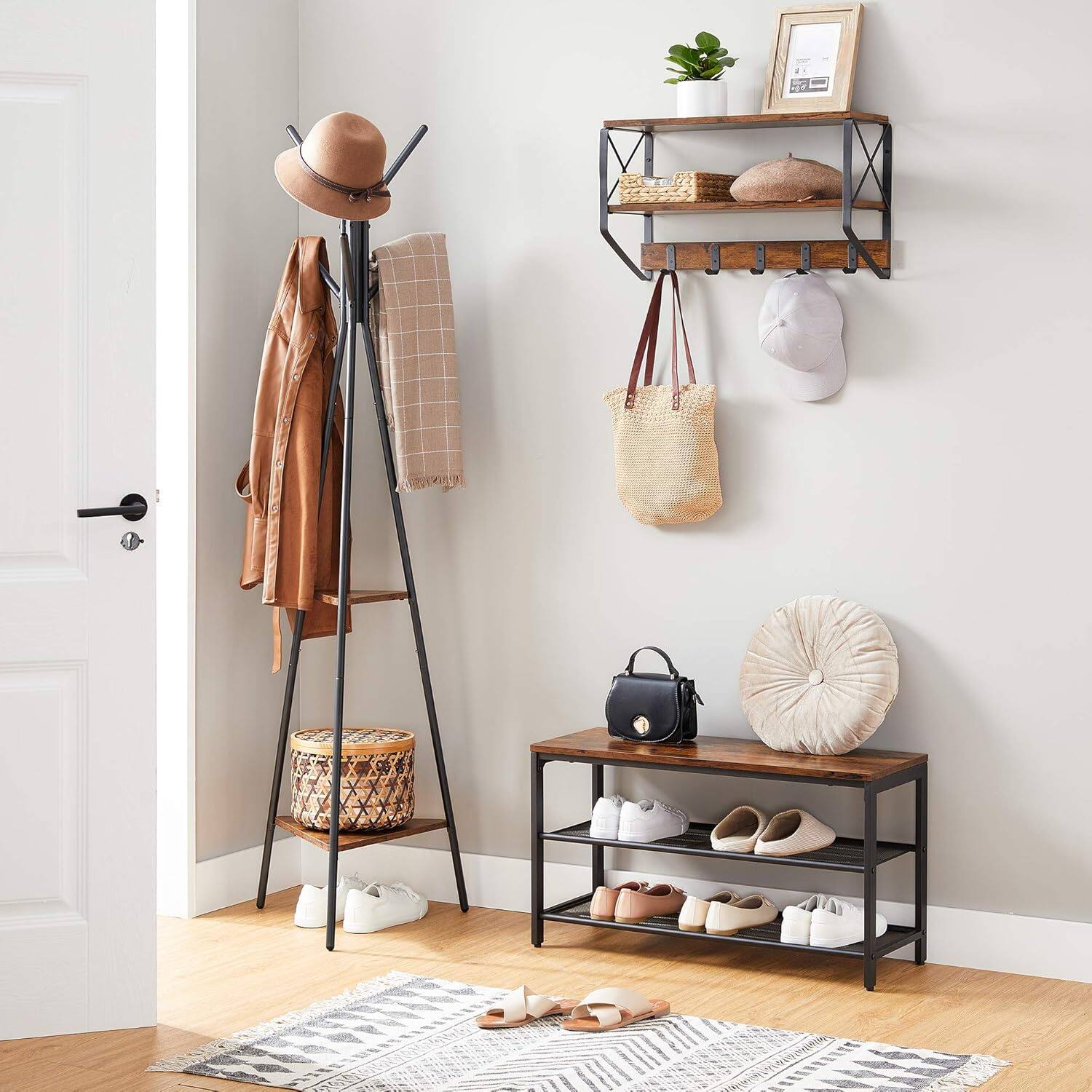 Left. Songmics Home - SONGMICS HOME Coat Rack with Stands – Industrial Style Hallway Organizer with 2 Shelves in Rustic Brown and Black - Brown.