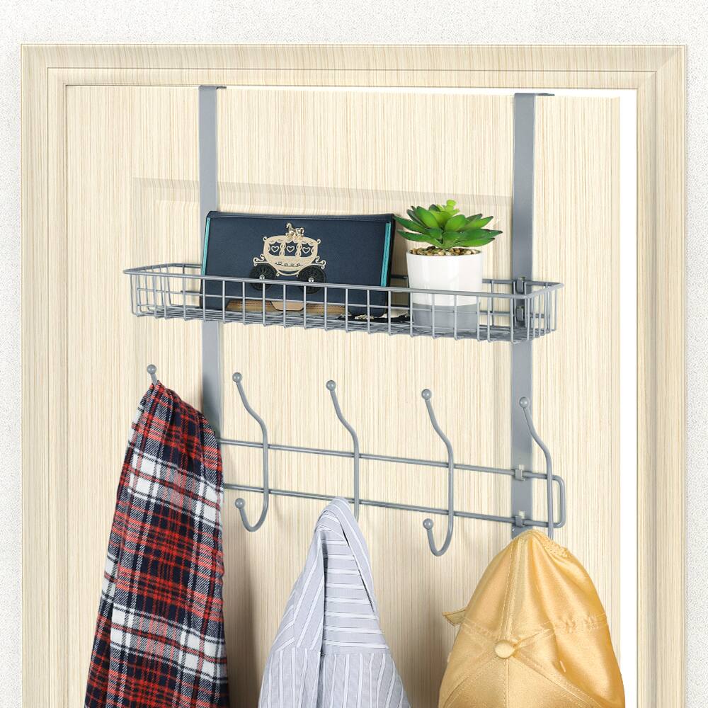 Alt View 2. Oumilen - Over The Door Organizer with Single Wire Basket & 5 Hooks, Silver Metal Hanging Storage Rack for Bathroom Bedroom Closet - Silver.