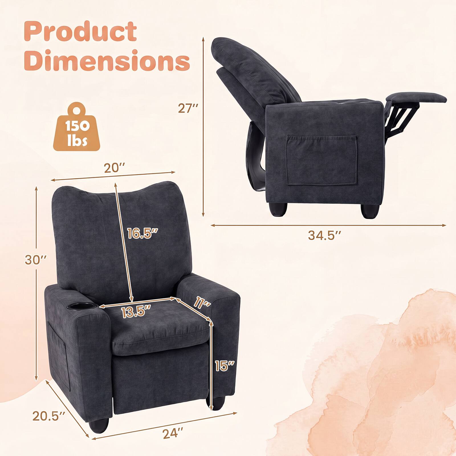 Product Dimensions: 150 lbs, 27", 20", 16.5", 34.5", 30", 13.5", 11", 150, 20.5", 24"