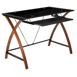 Emma + Oliver - Glass Computer Desk-Pull-Out Keyboard Tray & Crisscross Frame - Black Top/Cherry Frame