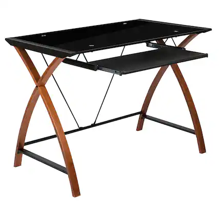 Front. Emma + Oliver - Glass Computer Desk-Pull-Out Keyboard Tray & Crisscross Frame - Black Top/Cherry Frame.
