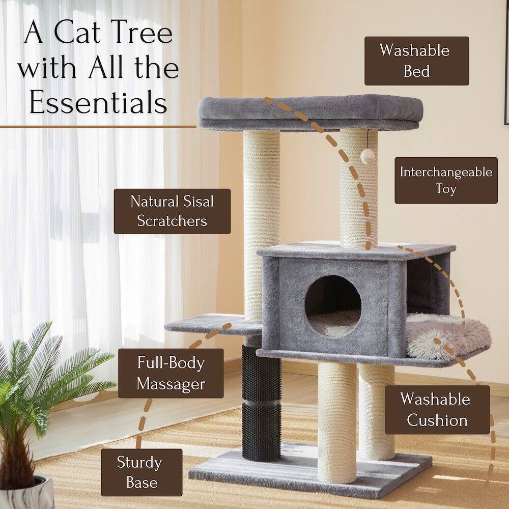 A Cat Tree with All the Essentials  
- Washable Bed  
- Natural Sisal Scratchers  
- Interchangeable Toy  
- Full-Body Massager  
- Washable Cushion  
- Sturdy Base
