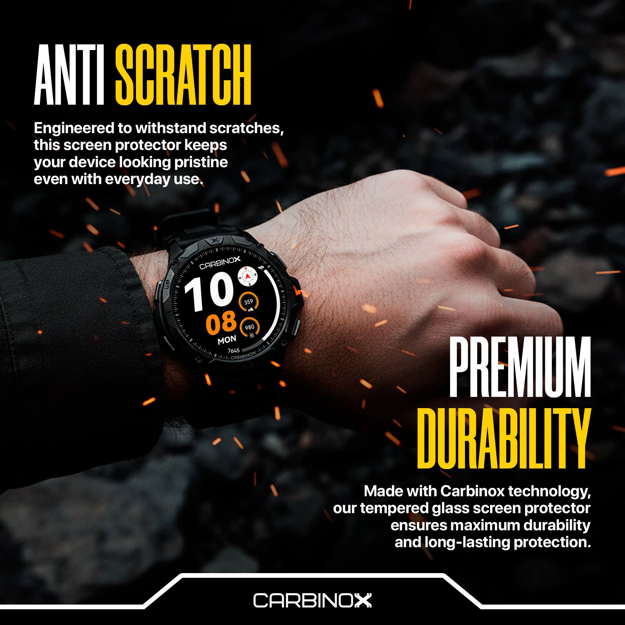 ANTI SCRATCH  
Engineered to withstand scratches, this screen protector keeps your device looking pristine even with everyday use.

PREMIUM DURABILITY  
Made with Carbinox technology, our tempered glass screen protector ensures maximum durability and long-lasting protection.

CARBINOX