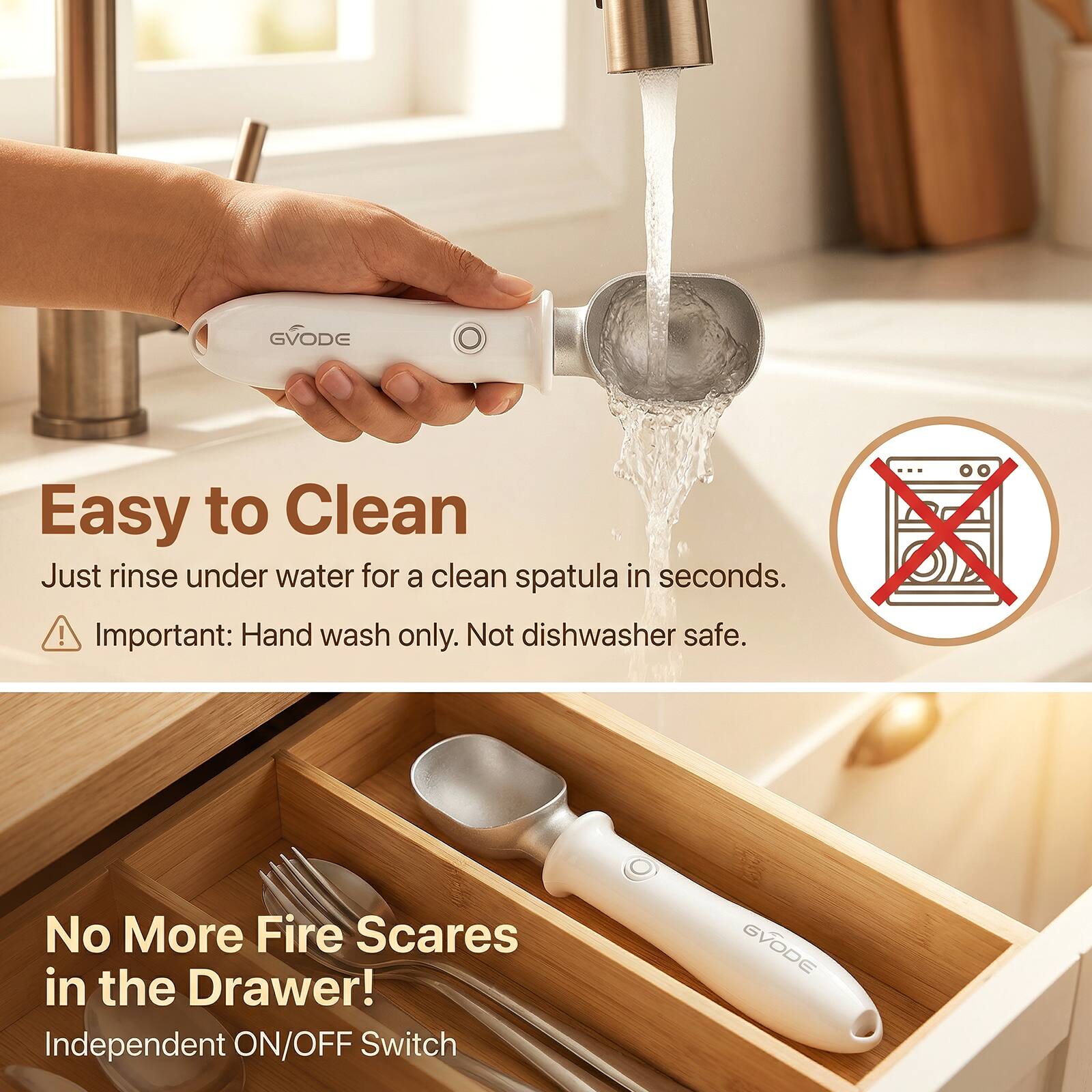 GVODE

Easy to Clean  
Just rinse under water for a clean spatula in seconds.  
Important: Hand wash only. Not dishwasher safe.  

No More Fire Scares in the Drawer!  
Independent ON/OFF Switch