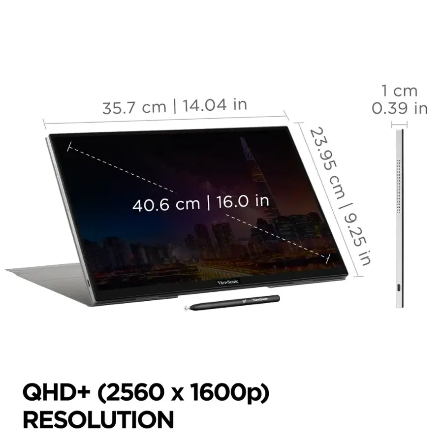 The text on the image reads:

35.7 cm | 14.04 in 40.6 cm | 16.0 in 1 cm | 0.39 in 23.95 cm | 9.25 in View Sonic Vientoele QHD+ (2560 X 1600p) RESOLUTION