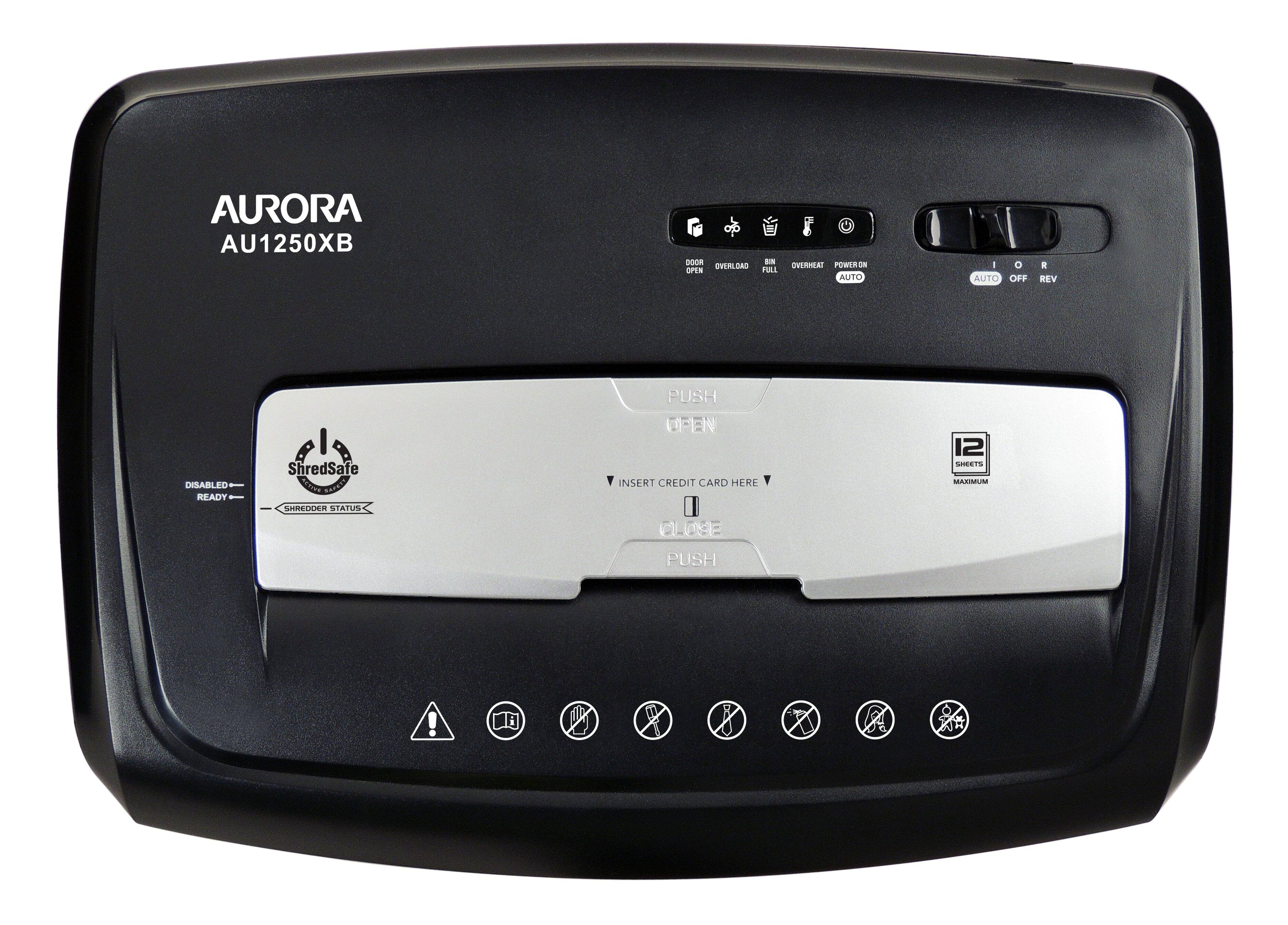 AURORA AU1250XB

- DOOR OPEN
- OVERLOAD
- BIN FULL
- OVERHEAT
- POWER AUTO
- DISABLED READY
- SHREDDER STATUS
- INSERT CREDIT CARD HERE
- CLOSE
- PUSH
- 12 SHEETS MAXIMUM

AUTO OFF REV