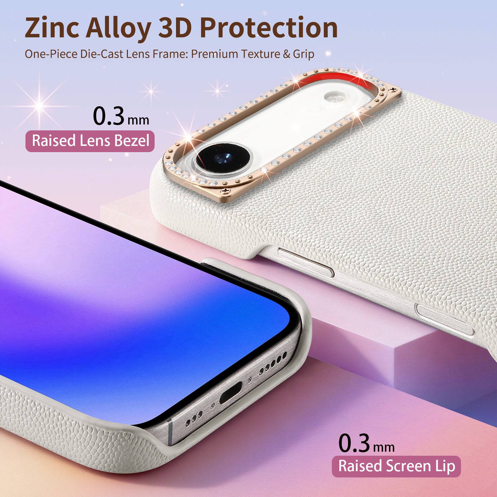 Zinc Alloy 3D Protection  
One-Piece Die-Cast Lens Frame: Premium Texture & Grip  
0.3 mm Raised Lens Bezel  
0.3 mm Raised Screen Lip