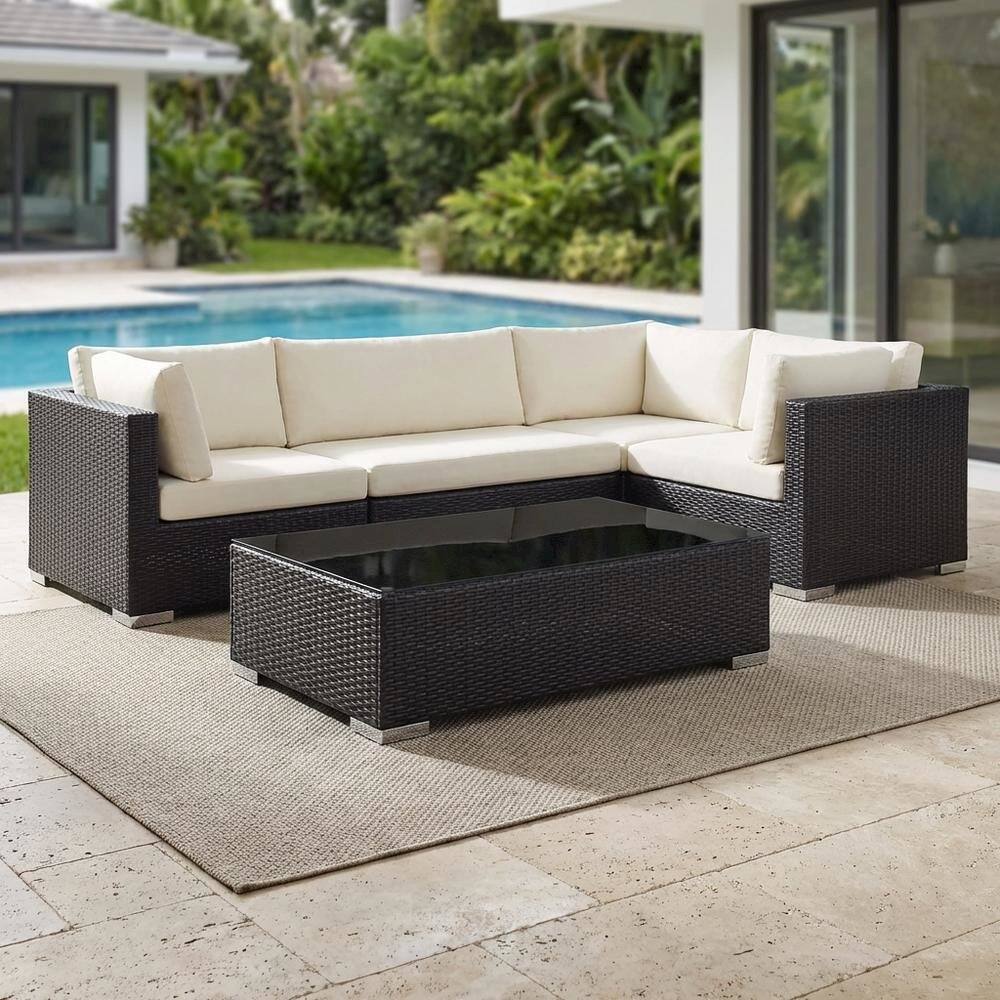 Left. Outdoor Escape - Modern Outdoor Coffee Table With Durable Wood Finish For Patio Use - Brown.