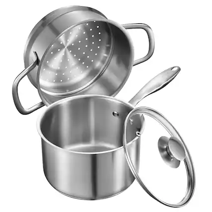 Front. VEVOR - 2.5 QT Saucepan with Steamer, Stainless Steel Saucepan with Glass Lid, Multipurpose Nonstick Stainless Steel Sauce Pot - Silver.