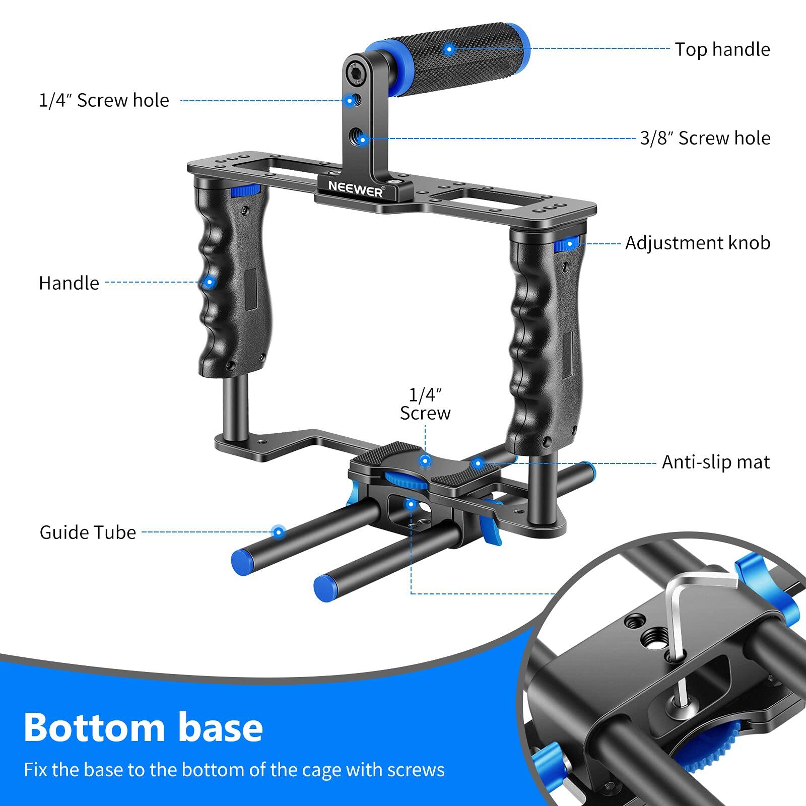 - Top handle
- 1/4" Screw hole
- 3/8" Screw hole
- NEEWER Adjustment knob
- Handle
- 1/4" Screw
- Anti-slip mat
- Guide Tube
- Bottom base
- Fix the base to the bottom of the cage with screws