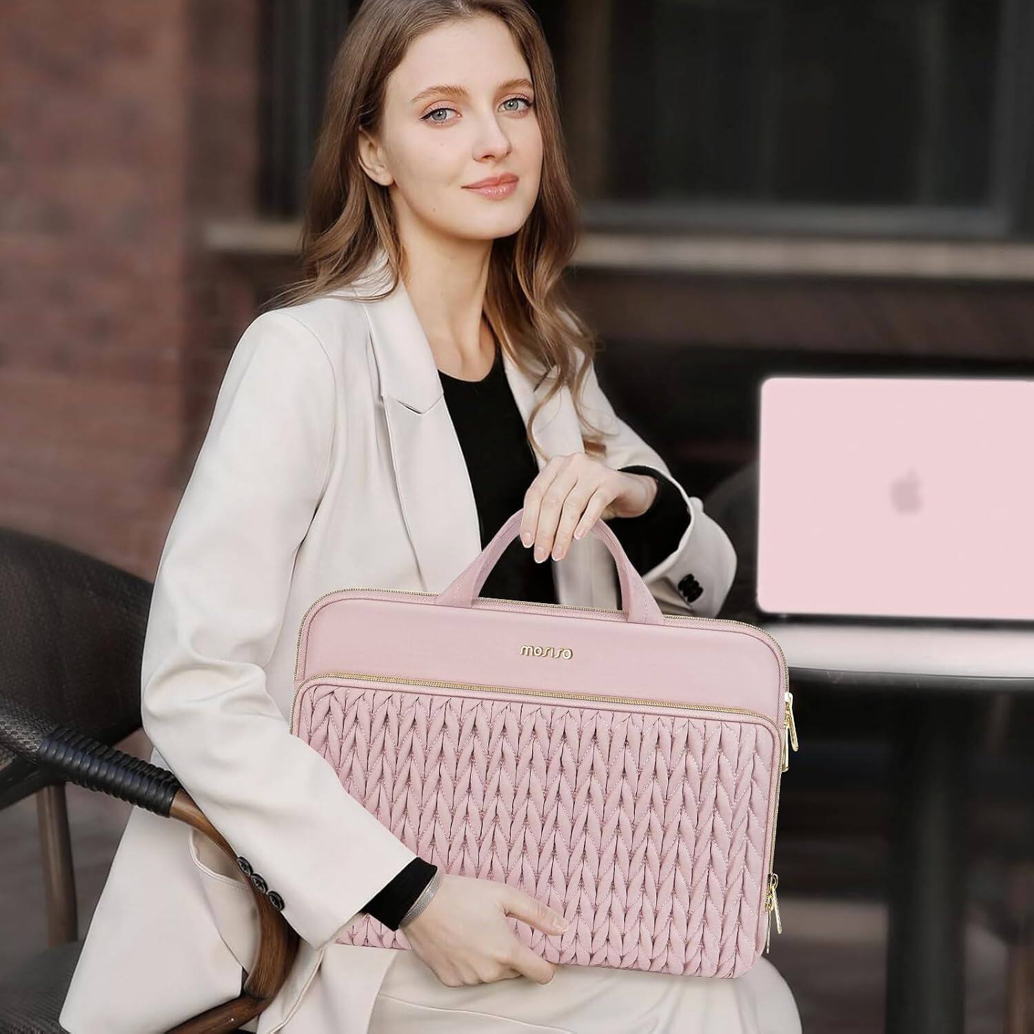 Alt View 1. mosiso - 15-15.6 inch Laptop Sleeve for MacBook Pro 16 M5 M4 M3 M2 M1, HP Dell Acer Lenovo ASUS,Wheat Ear Quilted Bag with Handle - Pink.