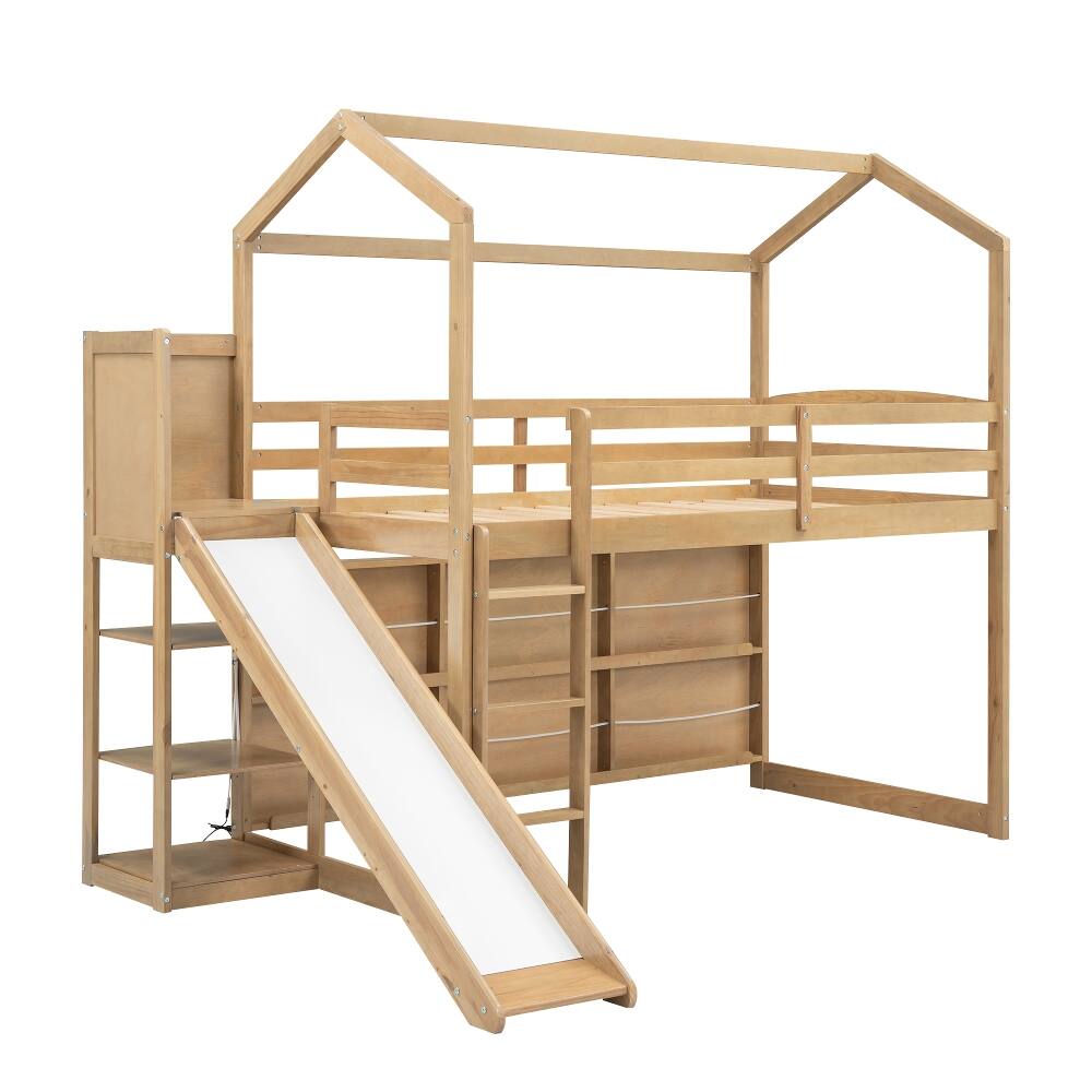 Alt View 7. Loheer - Loheer Twin Loft Bed with Slide and Storage, Wood House Bed Frame - Wood Color.