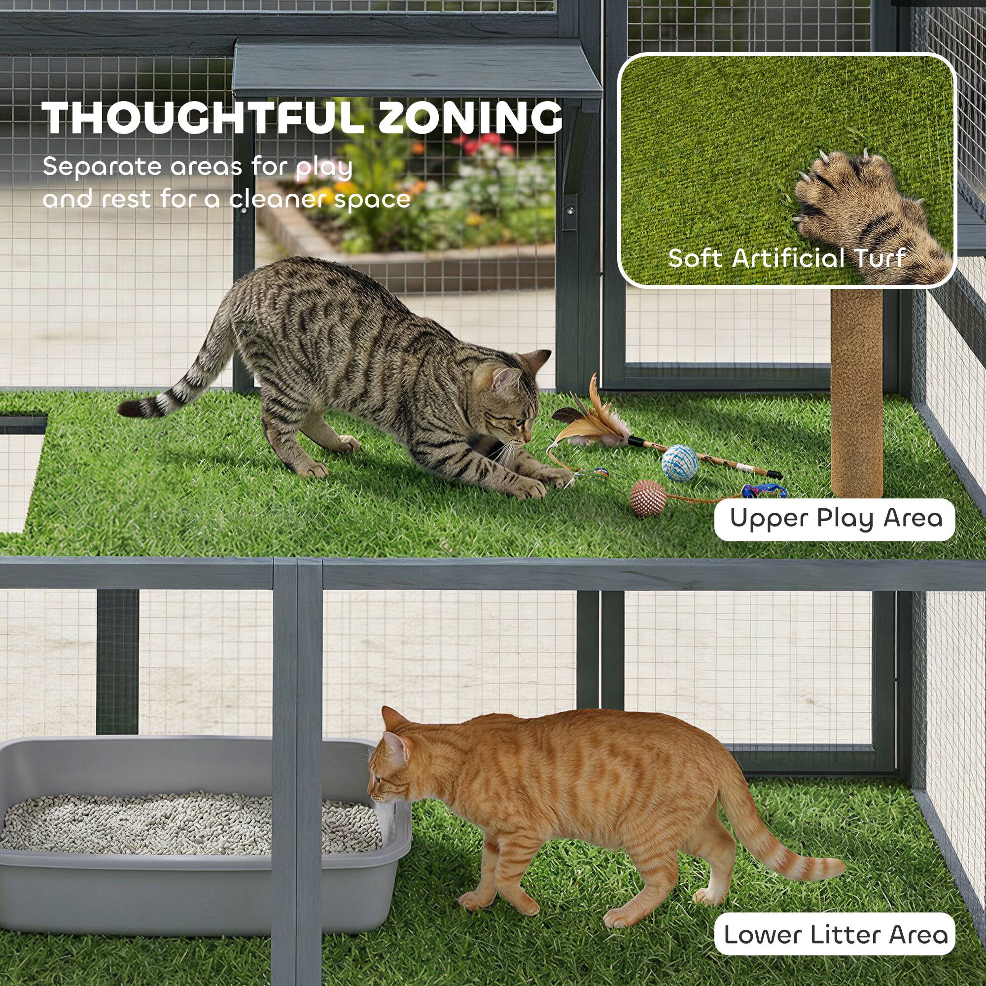 THOUGHTFUL ZONING  
Separate areas for play and rest for a cleaner space  

Soft Artificial Turf  
Upper Play Area  
Lower Litter Area