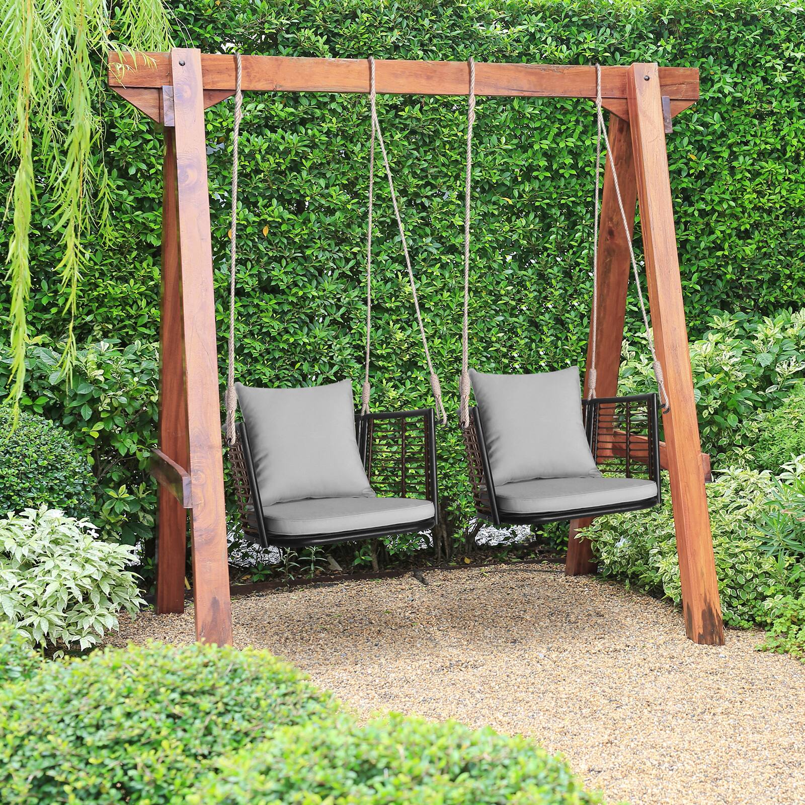 Alt View 4. Costway - Costway 2 PCS Patio Hanging Rattan Basket Chair Swing Hammock Chair with Seat Cushion - Mix Brown,Grey.