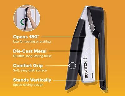 - Opens 180°
  - Use for tacking or crafting

- Die-Cast Metal
  - Durable, long-lasting build

- Comfort Grip
  - Soft, easy-grab surface

- Stands Vertically
  - Space-saving design

BOSTITCH