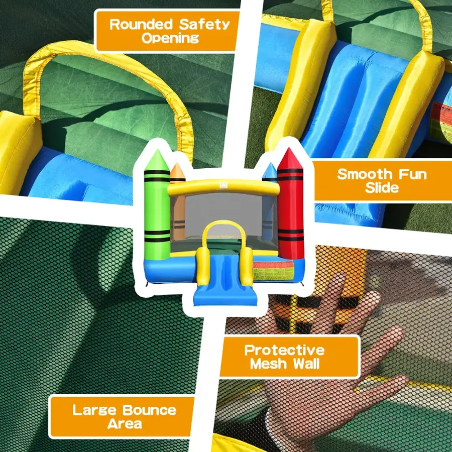 Grouped text:

* Rounded Safety Opening
* Smooth Fun Slide
* Protective Mesh Wall
* Large Bounce Area