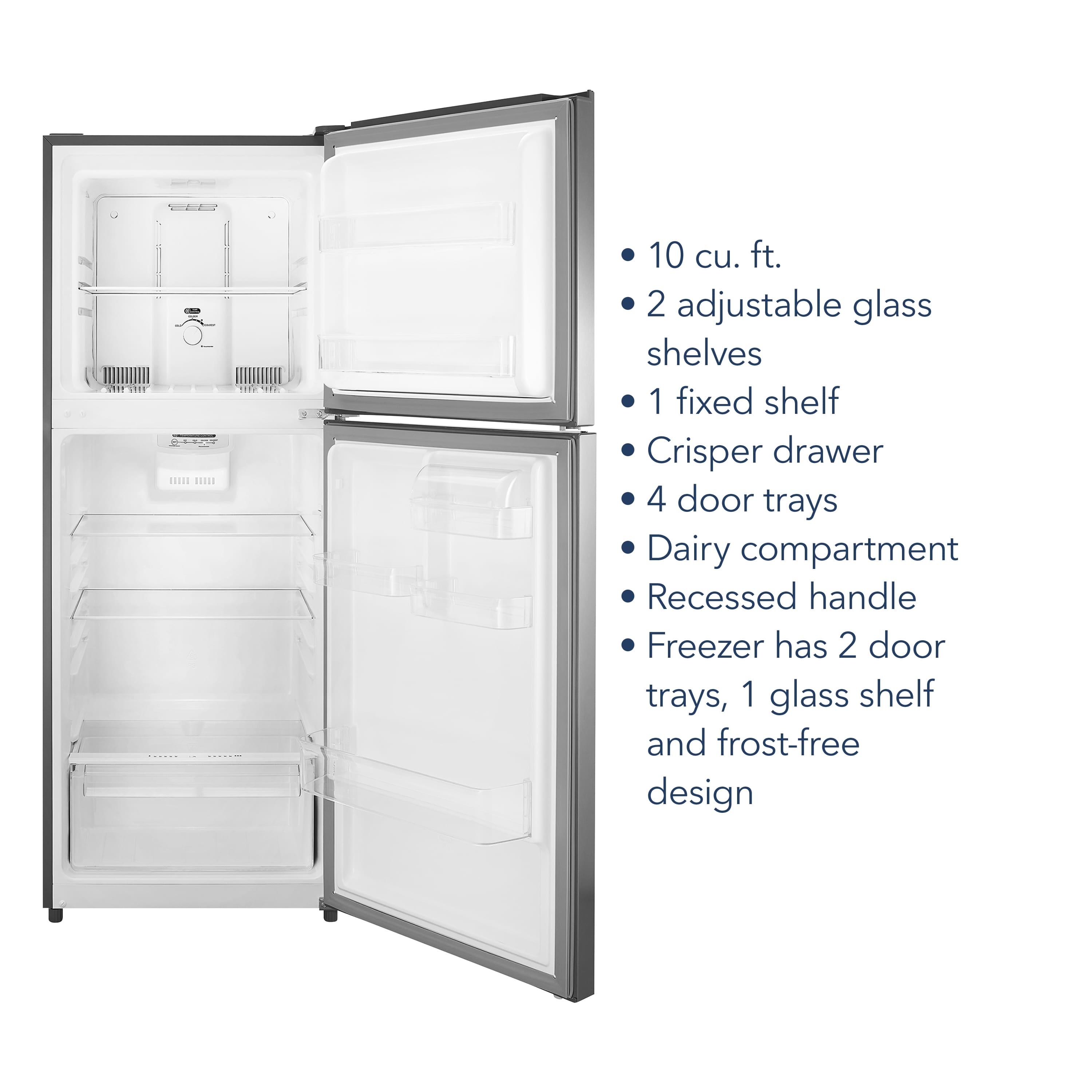 The image features a large refrigerator with a freezer on the bottom. The refrigerator has a 10 cu. ft. capacity and is equipped with two adjustable glass shelves, one fixed shelf, a crisper drawer, and four door trays. The refrigerator also has a dairy compartment and a recessed handle for easy access. The freezer section has two door trays and one glass shelf, making it a frost-free design.
