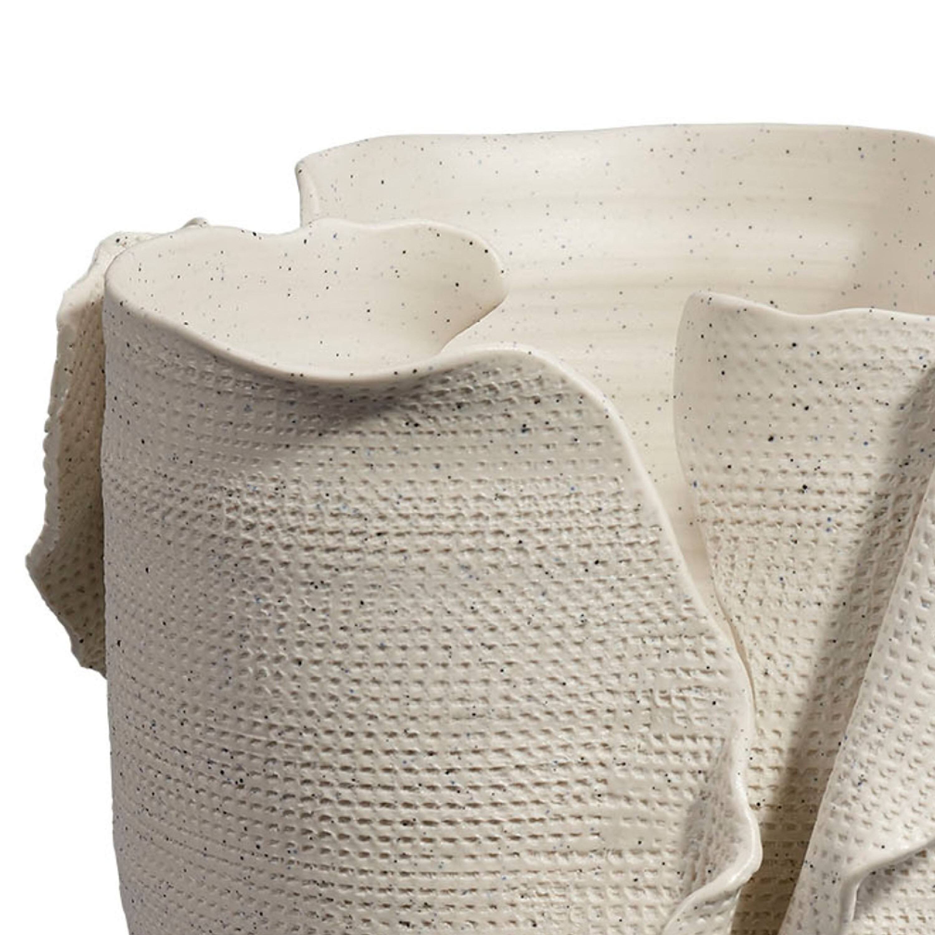 Left. Manhattan Lane - Tio Modern Vessel Vase, Flowing Petal Folds,  Porcelain 13 Inch - White.