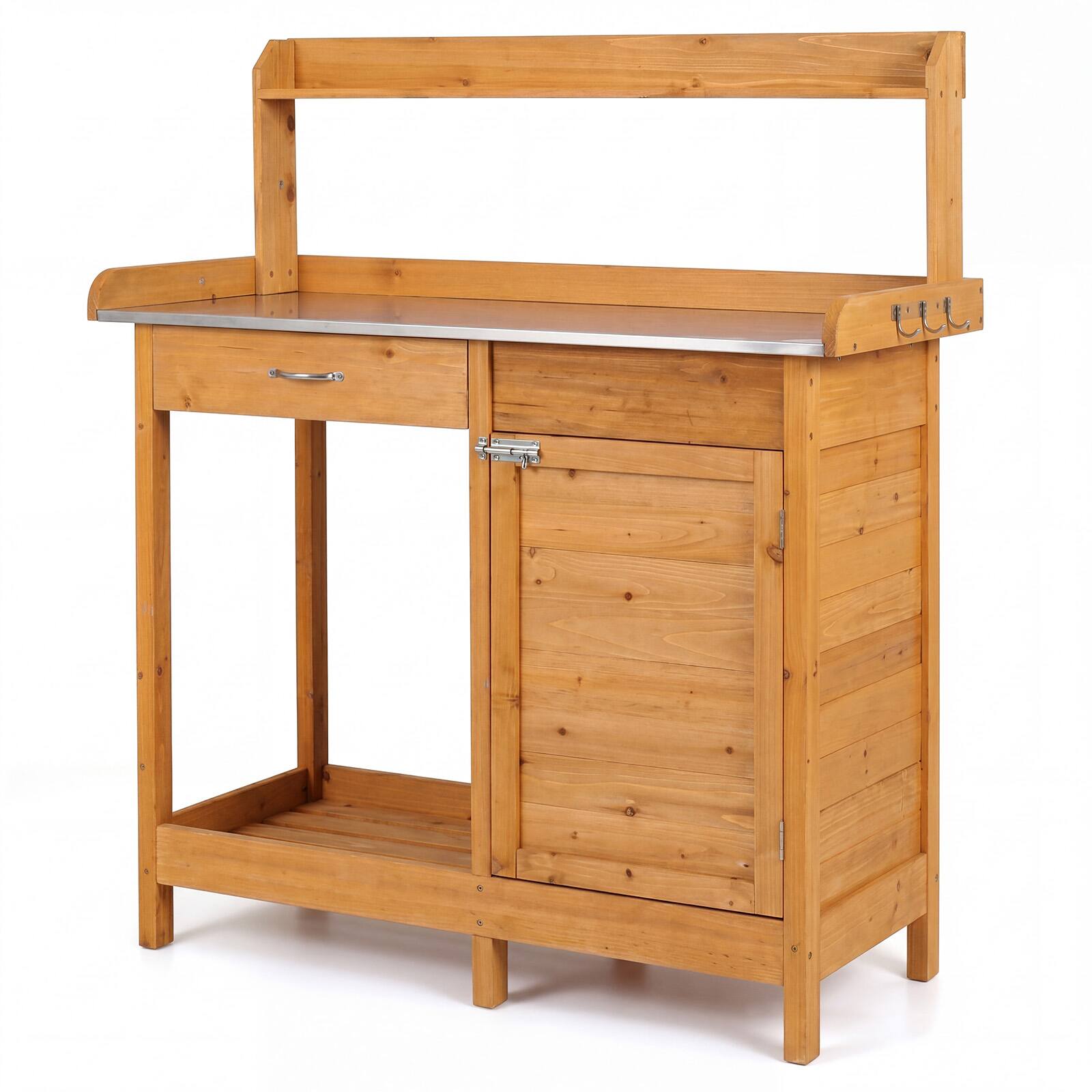 Alt View 9. Costway - Outdoor Potting Bench Garden Wooden Work Station Metal Tabletop Cabinet Drawer - Natural.