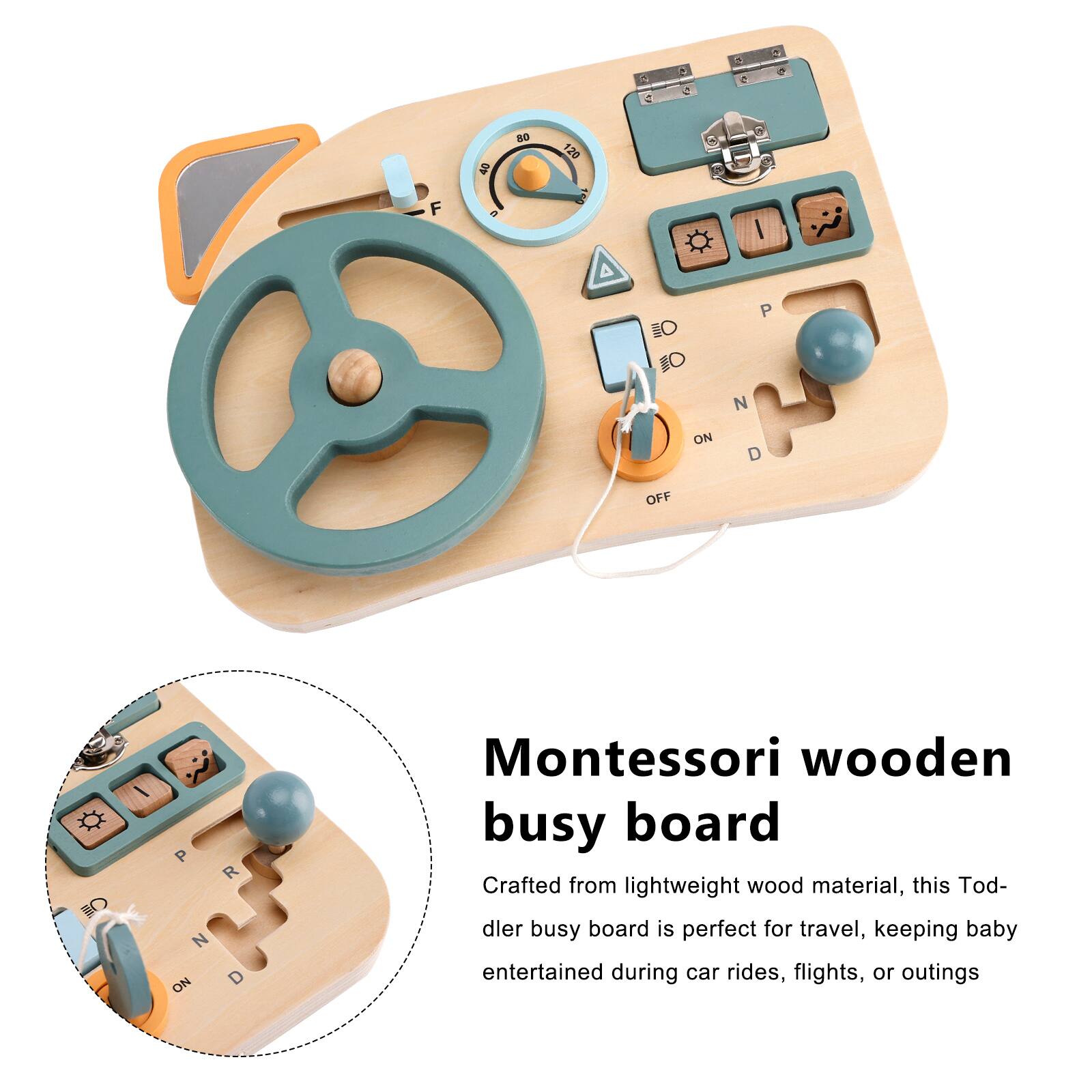 Montessori wooden busy board

Crafted from lightweight wood material, this Toddler busy board is perfect for travel, keeping baby entertained during car rides, flights, or outings