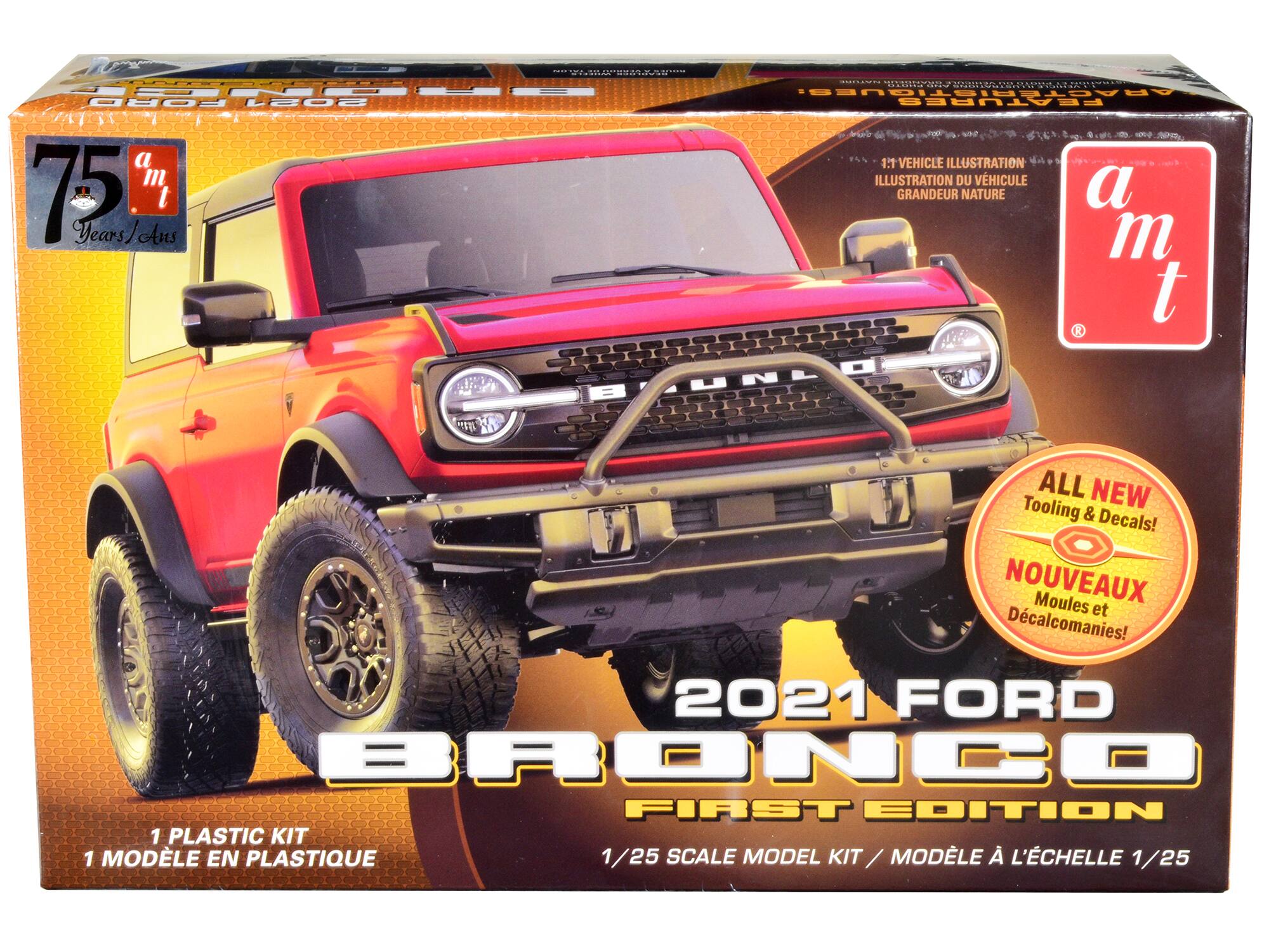Sure, here is the corrected and grouped text from the image:

---

**75 Years / Ans**

**1:1 VEHICLE ILLUSTRATION / ILLUSTRATION DU VÉHICULE À GRANDEUR NATURE**

**a m t**

**2021 FORD BRONCO FIRST EDITION**

**1 PLASTIC KIT / 1 MODÈLE EN PLASTIQUE**

**1/25 SCALE MODEL KIT / MODÈLE À L'ÉCHELLE 1/25**

**ALL NEW Tooling & Decals! / NOUVEAUX Moulages et Décalcomanies!**

---

This text is organized to reflect the information on the packaging accurately.