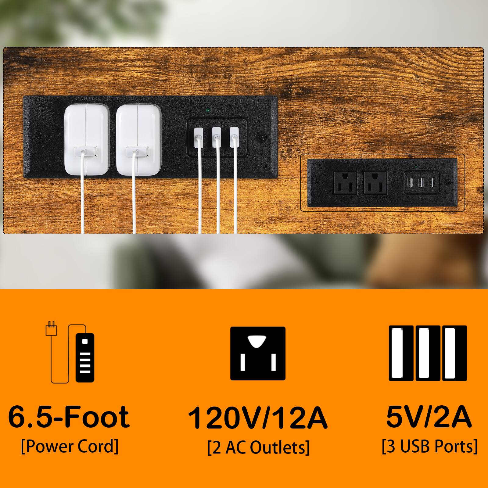 6.5-Foot [Power Cord]  
120V/12A [2 AC Outlets]  
5V/2A [3 USB Ports]