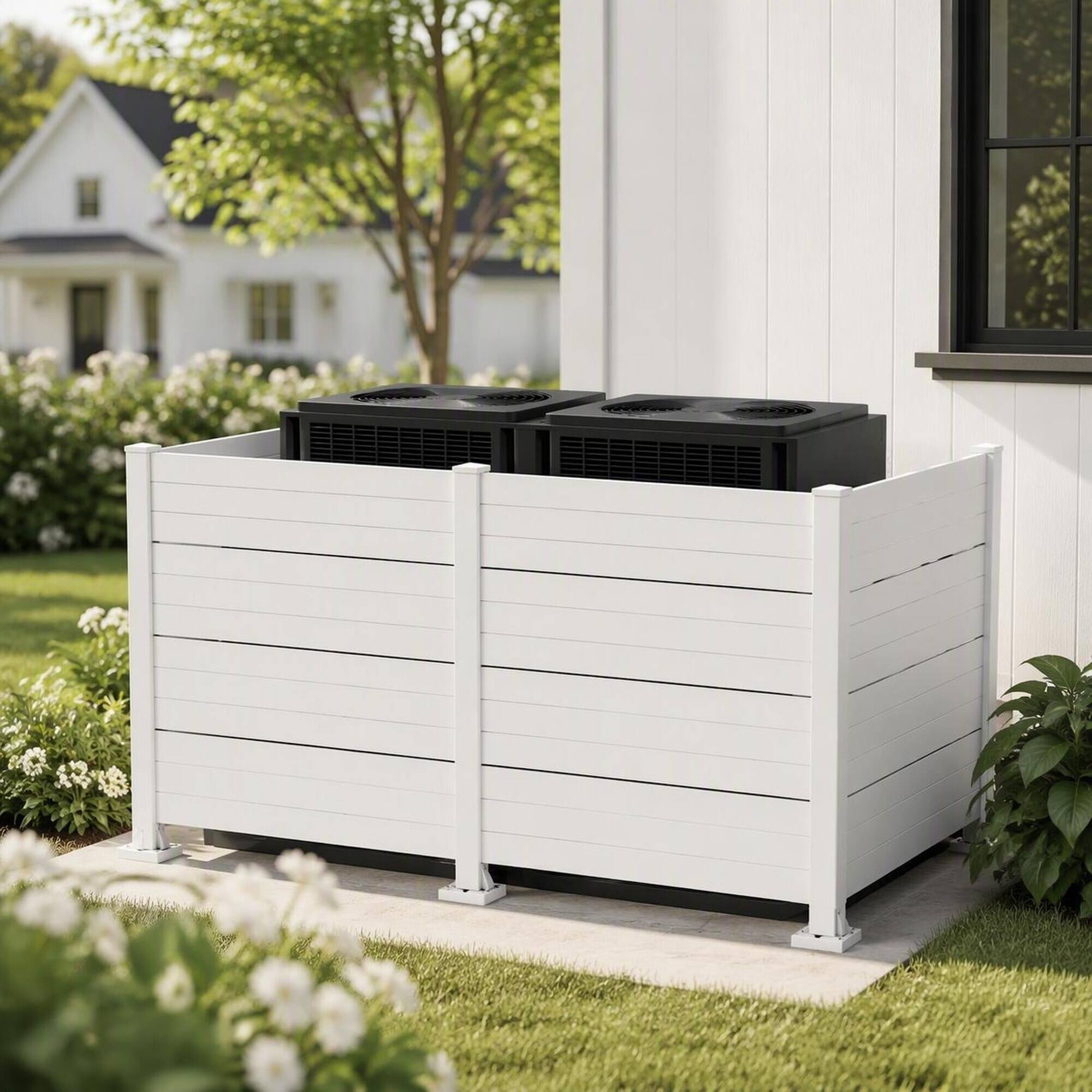 Front. RYHNUYNE - 50" W x 49" H Outdoor Privacy Screen for Air Conditioner, All-Weather Vinyl Fence with Aluminum Posts, 4 Panels - White.