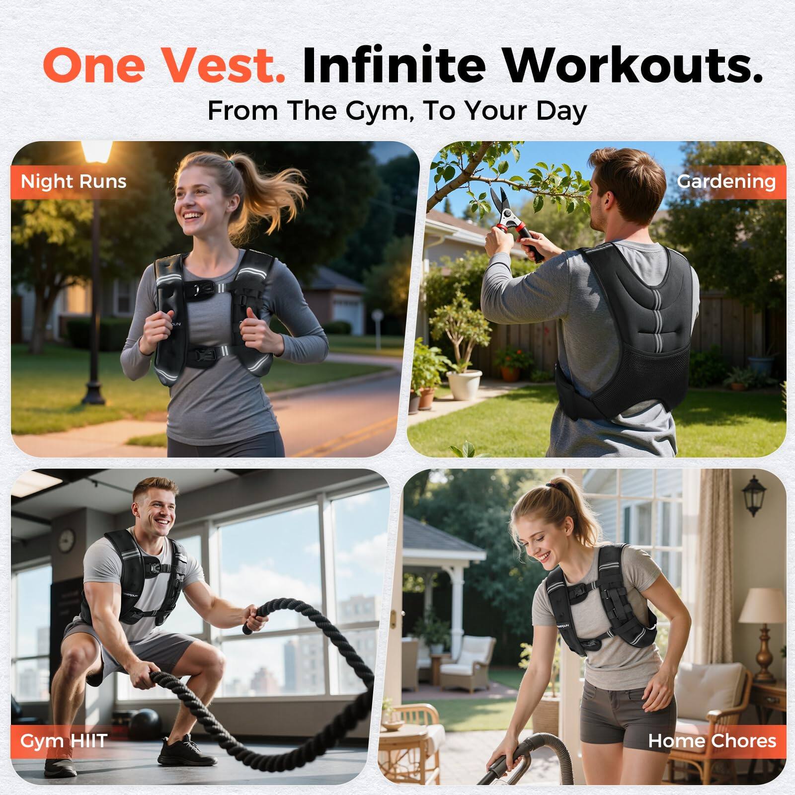 One Vest. Infinite Workouts.  
From The Gym, To Your Day  

Night Runs  
Gardening  
Gym HIIT  
Home Chores
