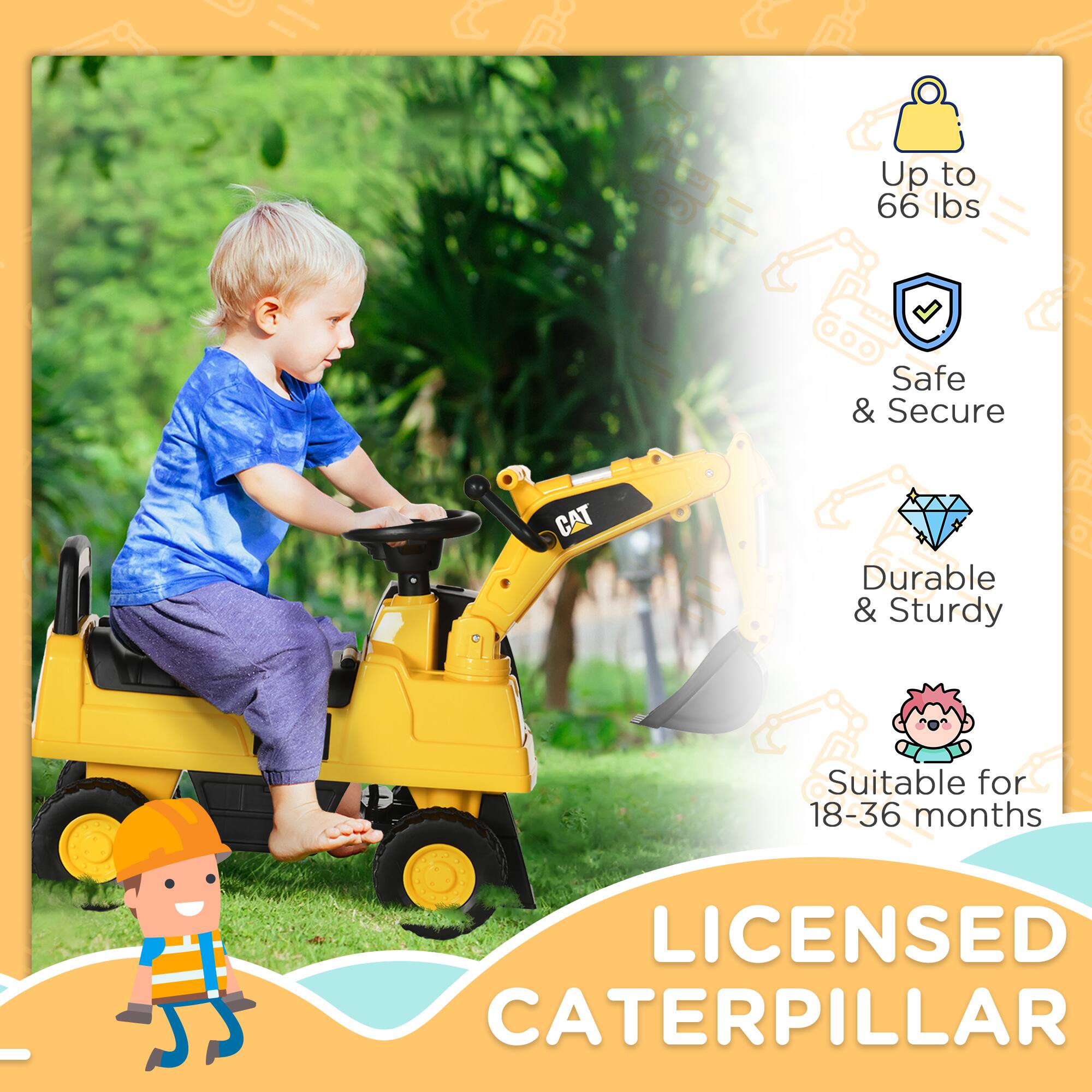 Up to 66 lbs  
Safe & Secure  
Durable & Sturdy  
Suitable for 18-36 months  

LICENSED CATERPILLAR