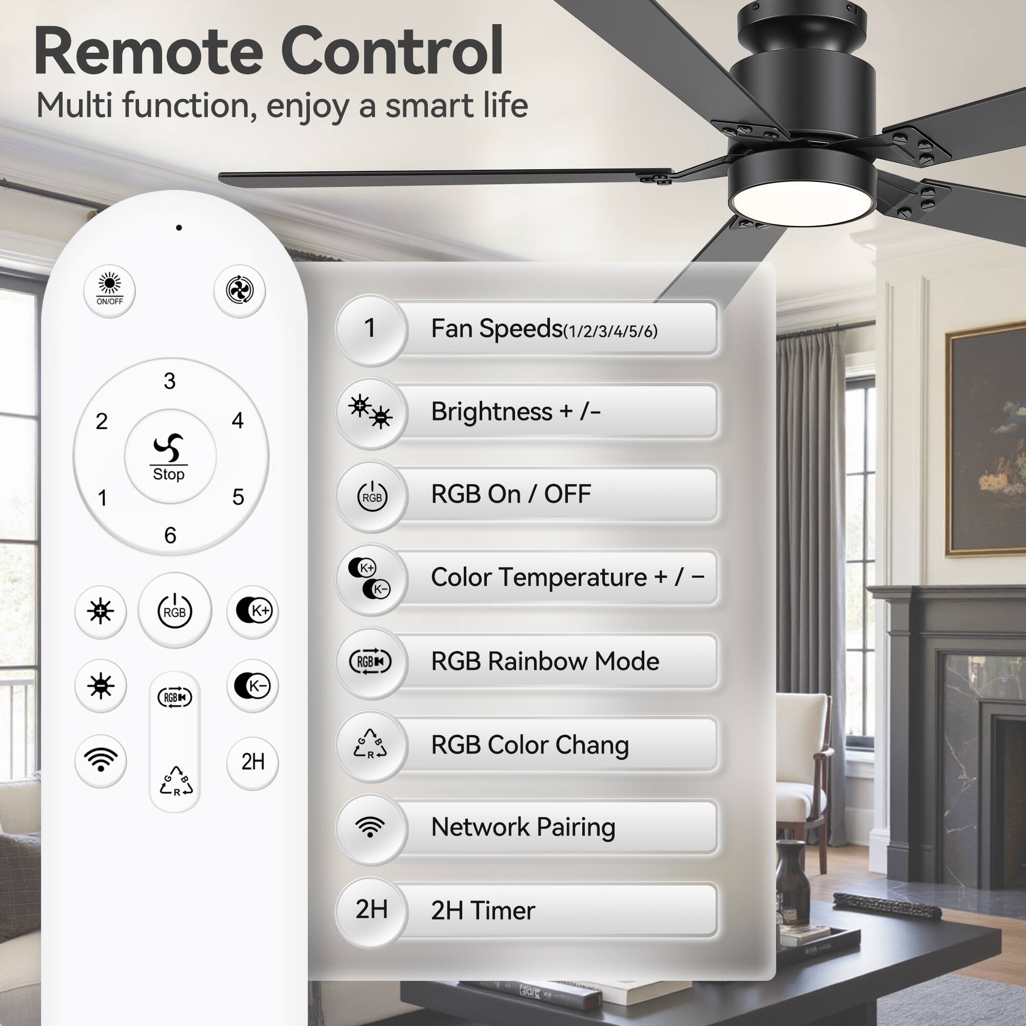 Remote Control  
Multi function, enjoy a smart life  

1. Fan Speeds (1/2/3/4/5/6)  
2. Brightness + / -  
3. Stop  
4. RGB On / OFF  
5. Color Temperature + / -  
6. RGB Rainbow Mode  
7. RGB Color Chang  
8. Network Pairing  
9. 2H Timer