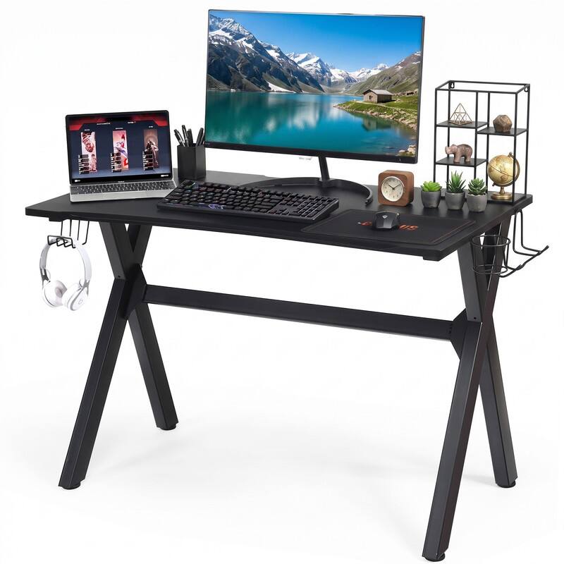 Left. WELLFOR - 45.5" Ergonomic Gaming Desk with Cup Headphone Holder, Computer Desk - Black.